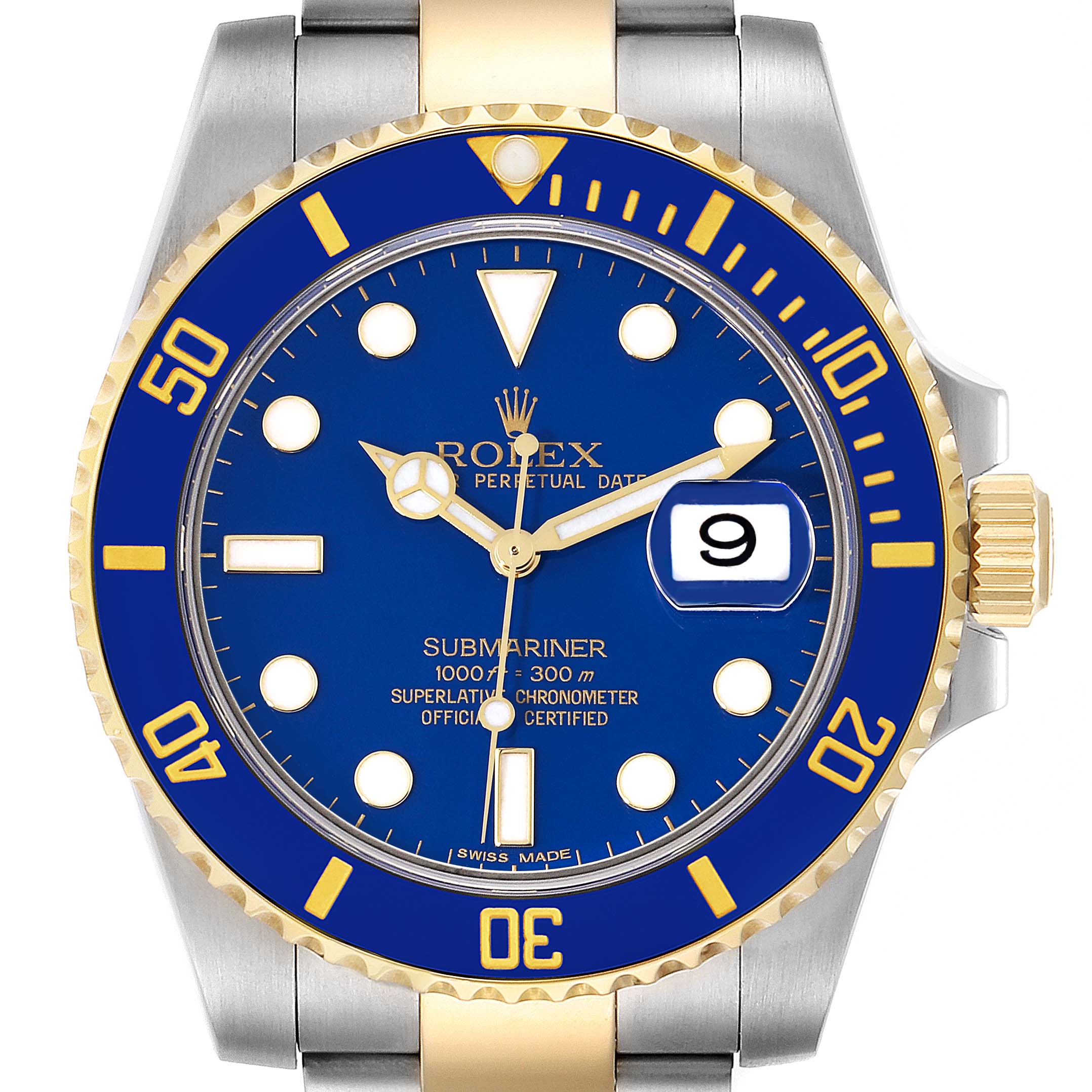 This is a close-up front view of the dial and bezel of a Rolex Submariner 116613 Men's Steel and Gold (two tone) Blue Dial 116613 Men's Steel and Gold (two tone) Blue Dial watch.