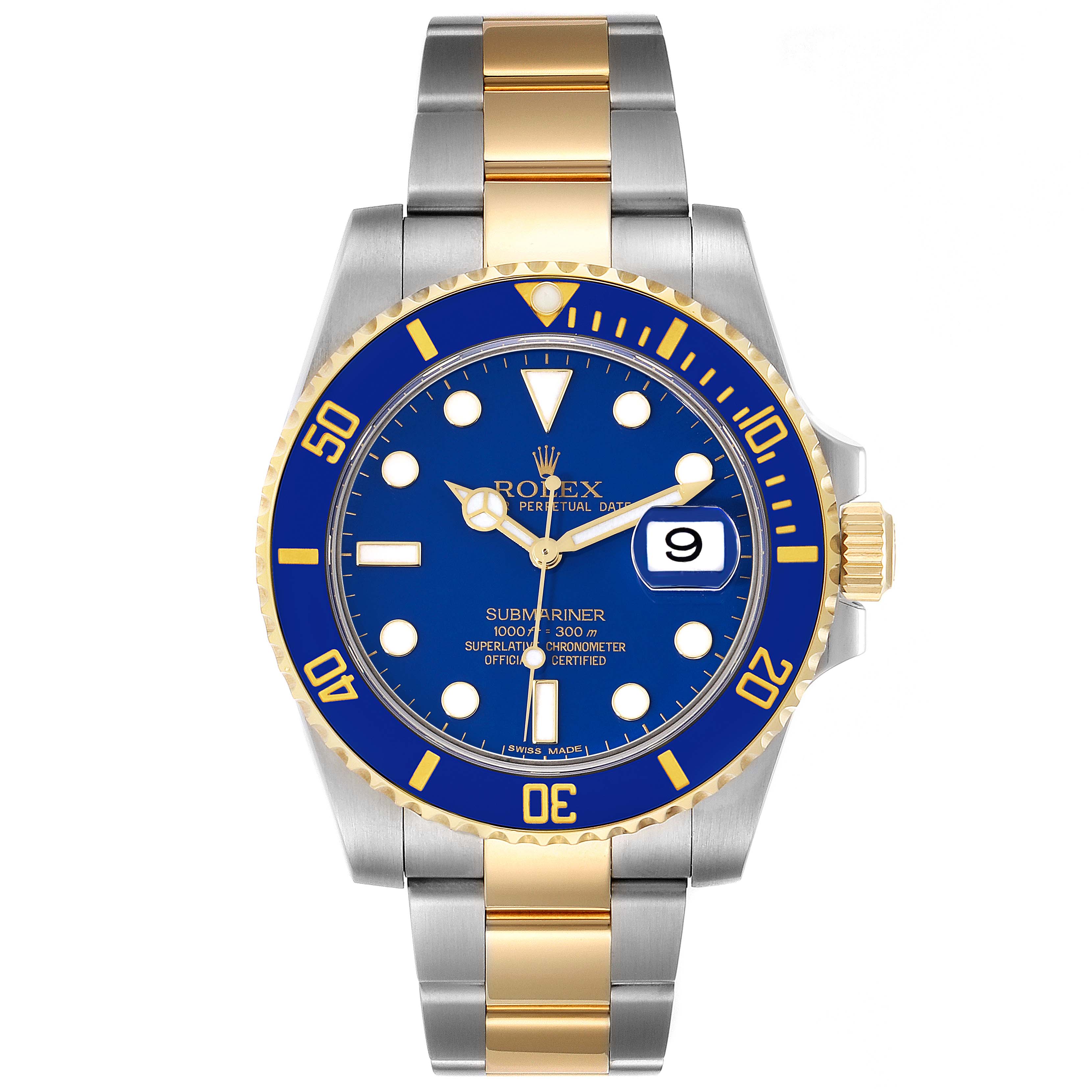 The image shows the front view of a Rolex Submariner 116613 Men's Steel and Gold (two tone) Blue Dial 116613 Men's Steel and Gold (two tone) Blue Dial, displaying its blue dial, bezel, and two-tone metal bracelet.