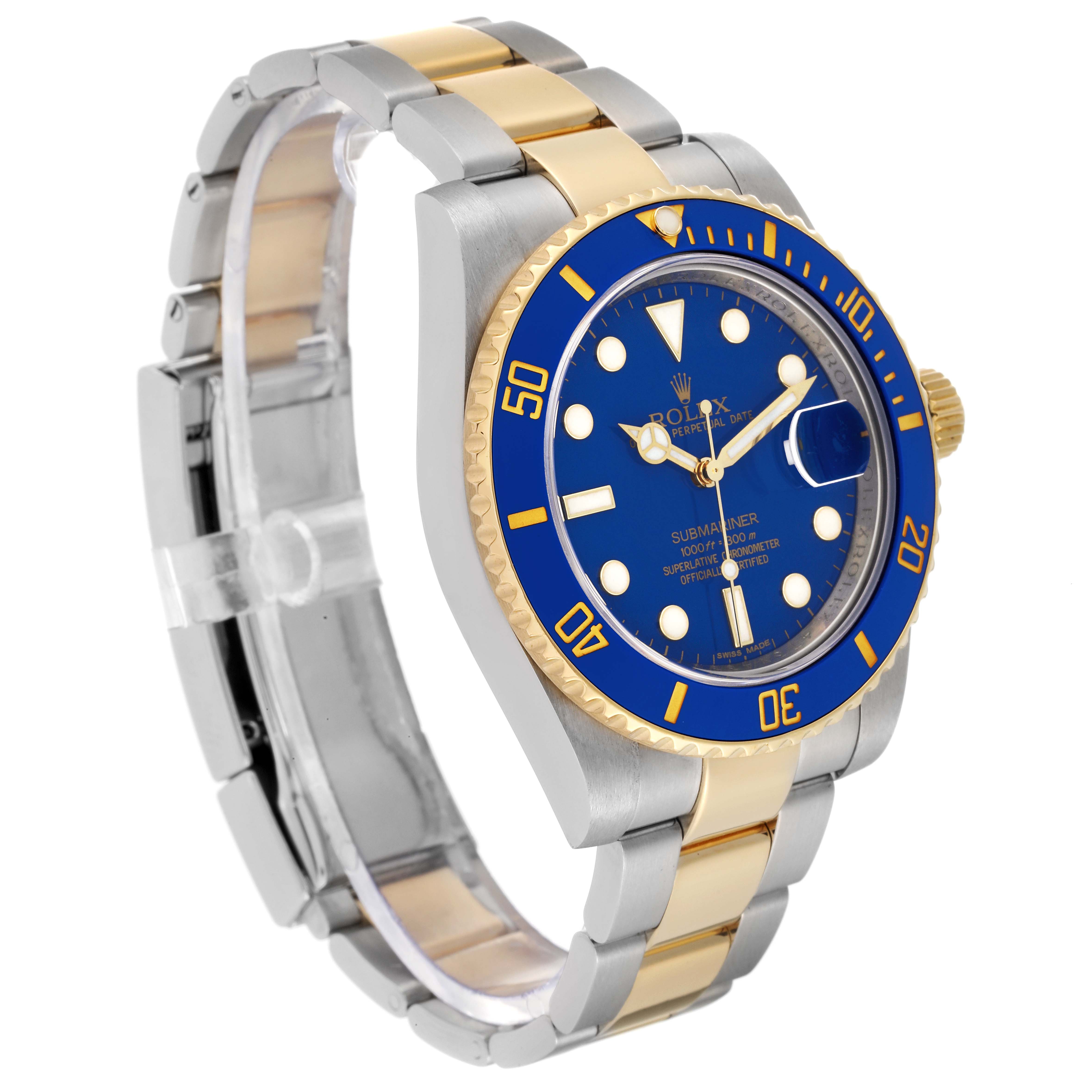This image shows a Rolex Submariner 116613 Men's Steel and Gold (two tone) Blue Dial 116613 Men's Steel and Gold (two tone) Blue Dial model watch from a side angle, displaying the bracelet, dial, bezel, and crown.