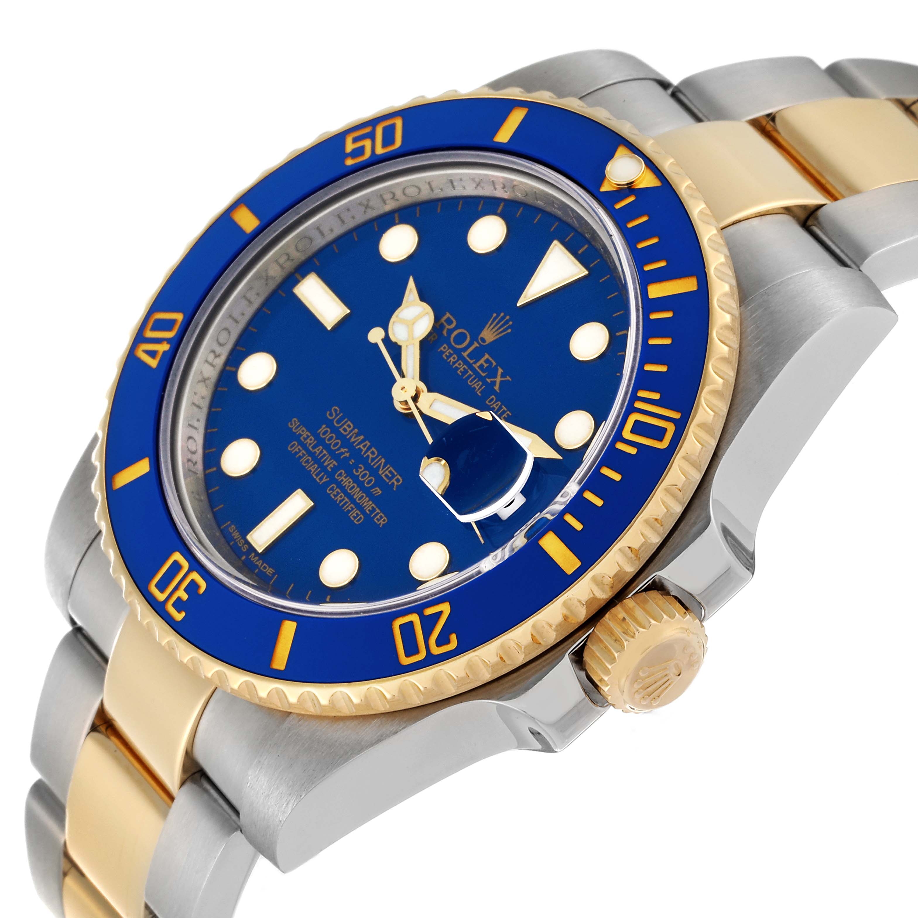This image shows the Rolex Submariner 116613 Men's Steel and Gold (two tone) Blue Dial 116613 Men's Steel and Gold (two tone) Blue Dial watch at an angled close-up, highlighting the bezel, crown, dial, and part of the bracelet.