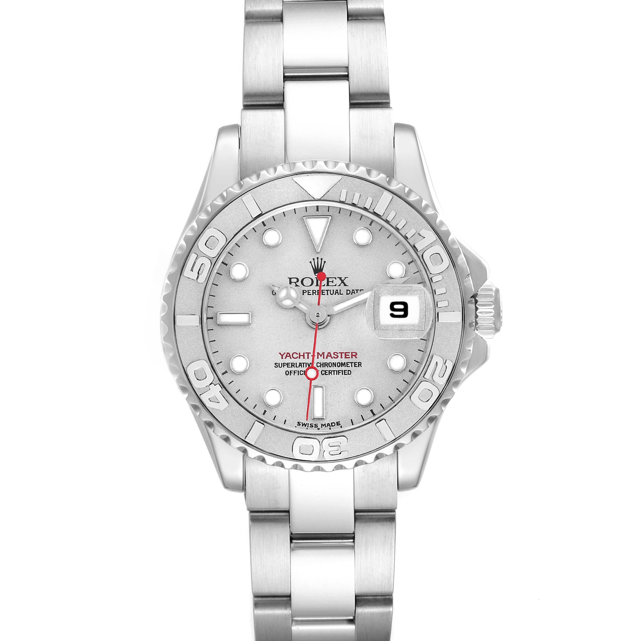 The Rolex Yacht-Master 169622 Women
s Stainless Steel Silver Dial 169622 Women
s Stainless Steel Silver Dial watch is shown from a front view, displaying its face, bezel, bracelet, and date indicator.