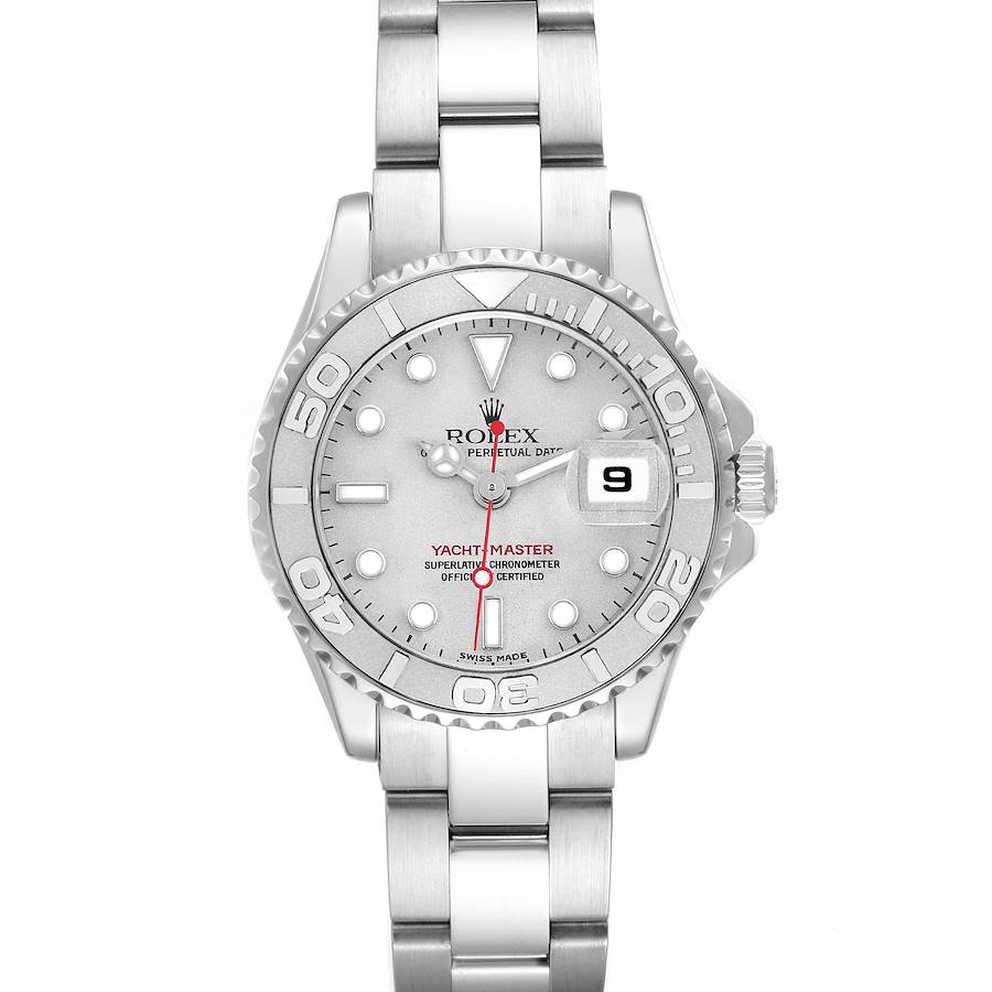The Rolex Yacht-Master watch is shown from a front view, displaying its face, bezel, bracelet, and date indicator.