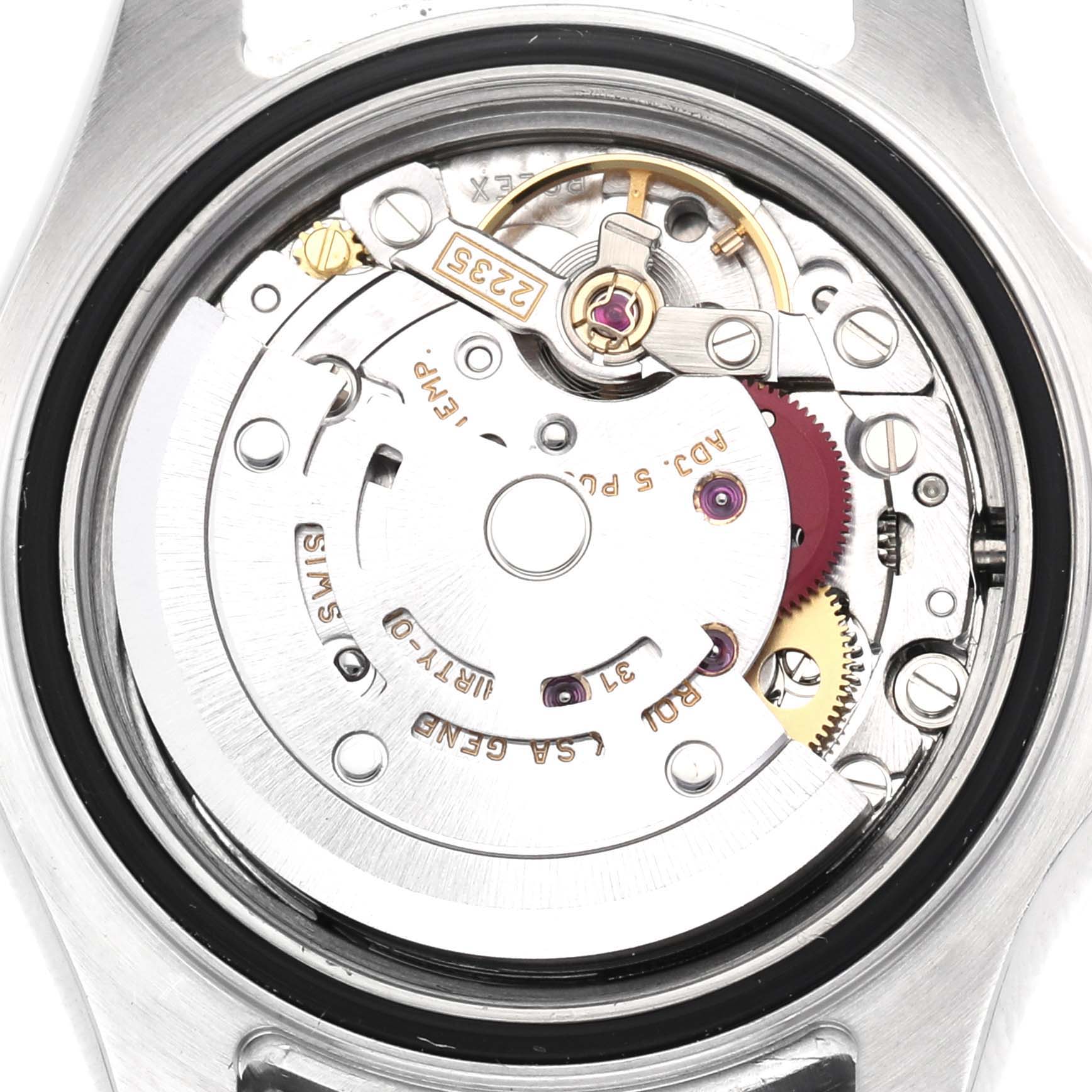 The image shows the movement of a Rolex Yacht-Master 169622 Women
s Stainless Steel Silver Dial 169622 Women
s Stainless Steel Silver Dial watch from a top view, highlighting gears and components.