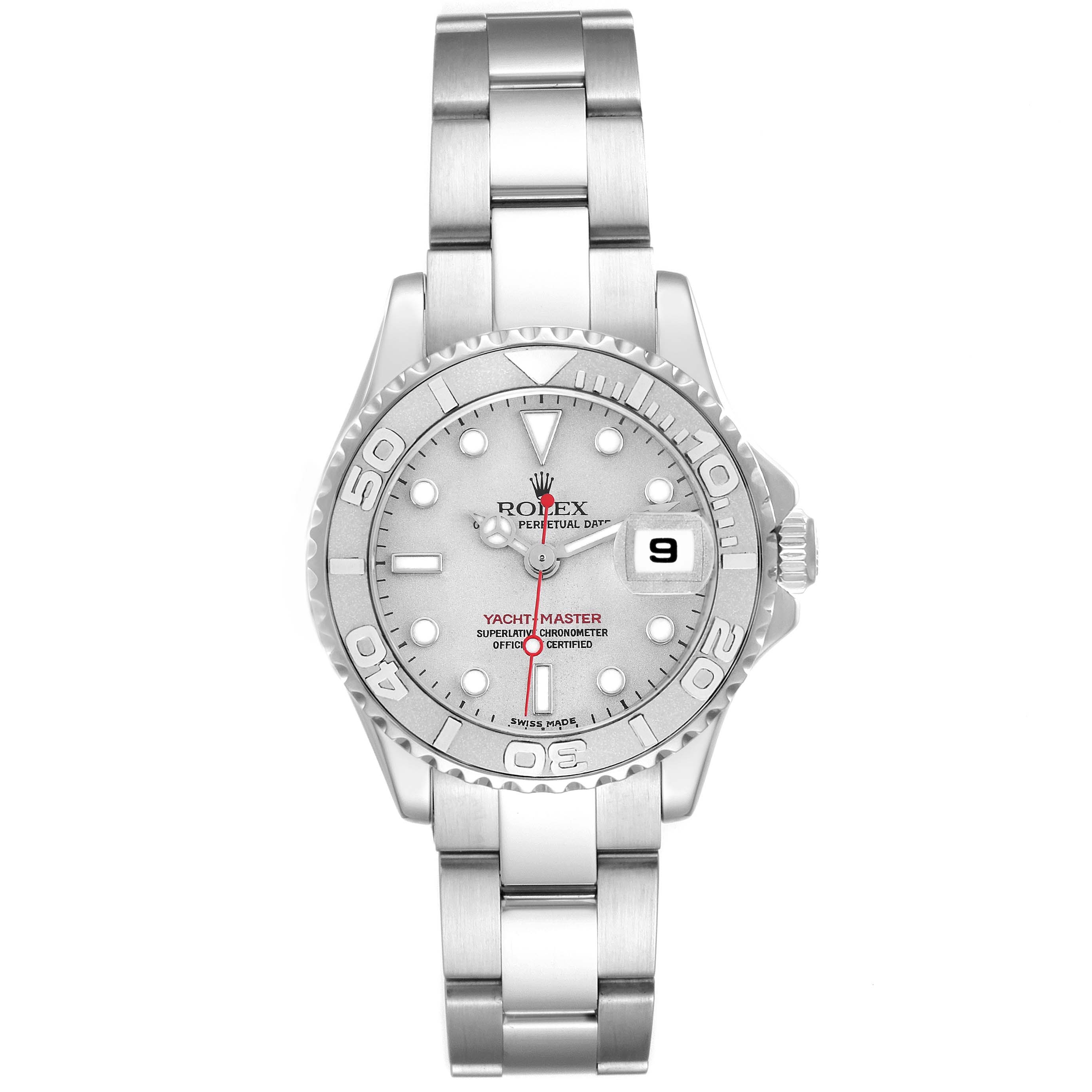 The Rolex Yacht-Master 169622 Women
s Stainless Steel Silver Dial 169622 Women
s Stainless Steel Silver Dial watch is shown from the front, displaying its dial, bezel, and bracelet.