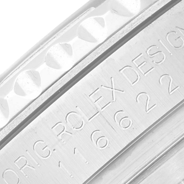 Close-up of the engraving on the side of the bezel and case of a Rolex Yacht-Master 116622 Men's Stainless Steel Blue Dial 116622 Men's Stainless Steel Blue Dial watch.