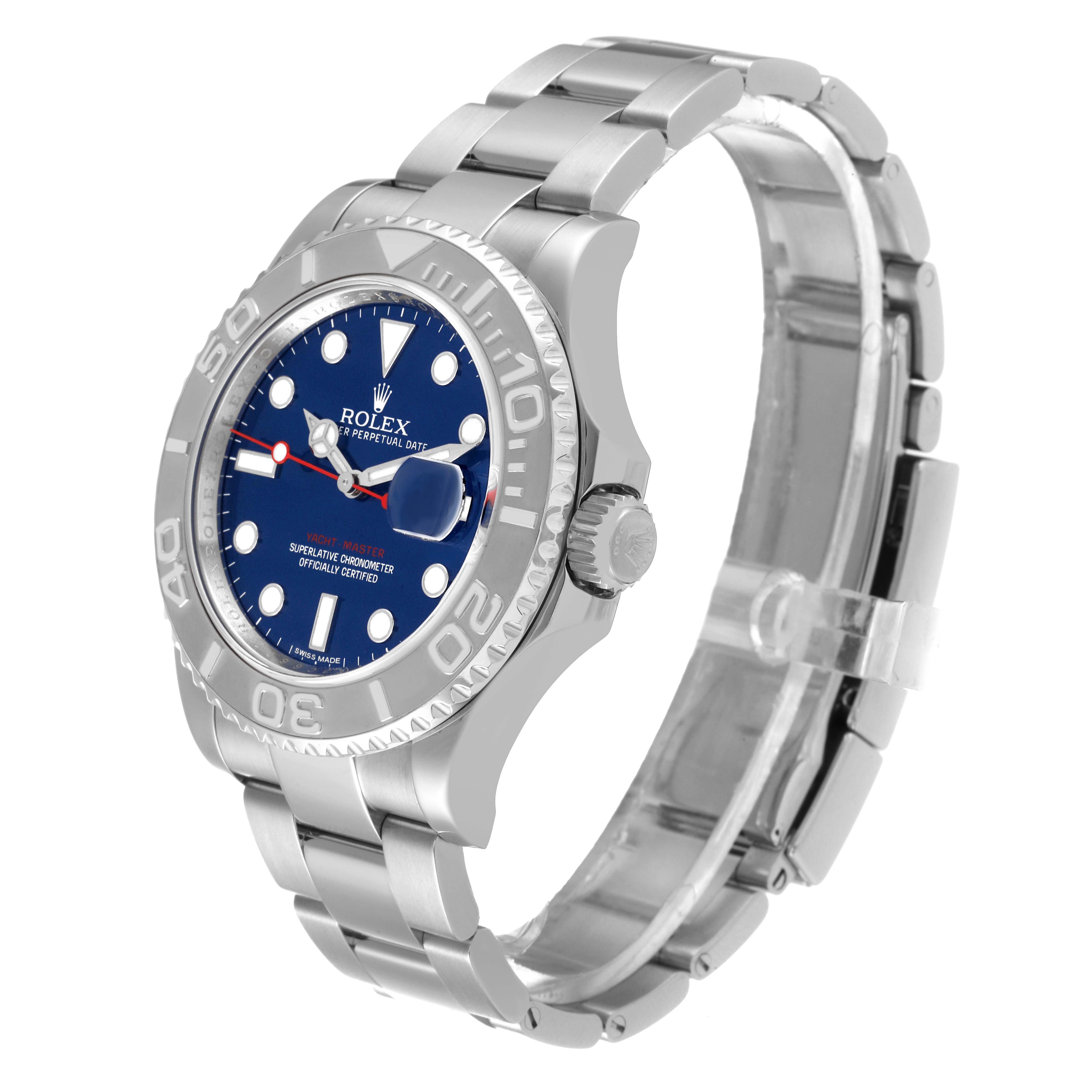 The Rolex Yacht-Master 116622 Men's Stainless Steel Blue Dial 116622 Men's Stainless Steel Blue Dial watch is shown at a slight angled side view, highlighting the bezel, dial, and bracelet.