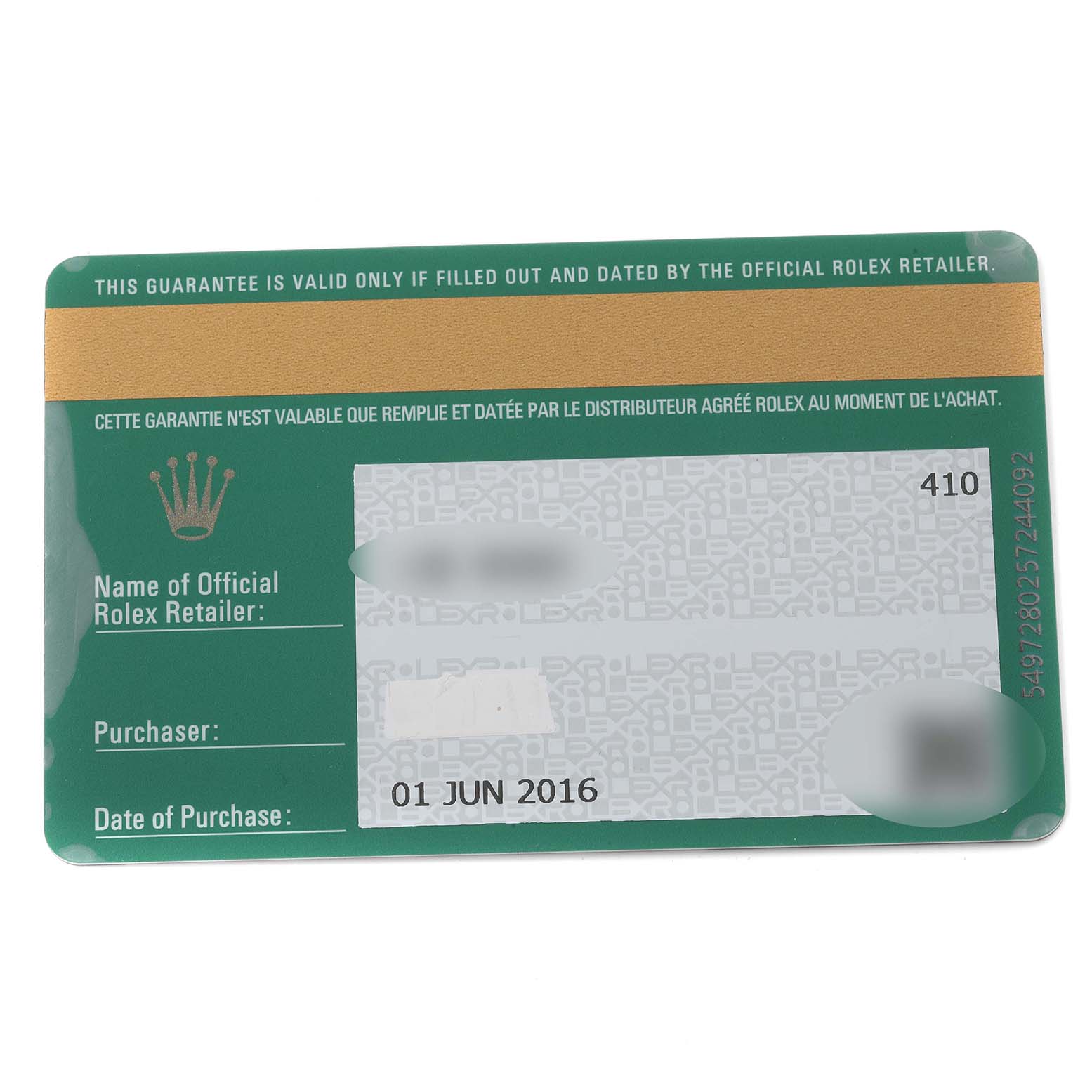 This image shows the official guarantee card for a Rolex Yacht-Master 116622 Men's Stainless Steel Blue Dial 116622 Men's Stainless Steel Blue Dial watch, detailing the purchase and retailer information.