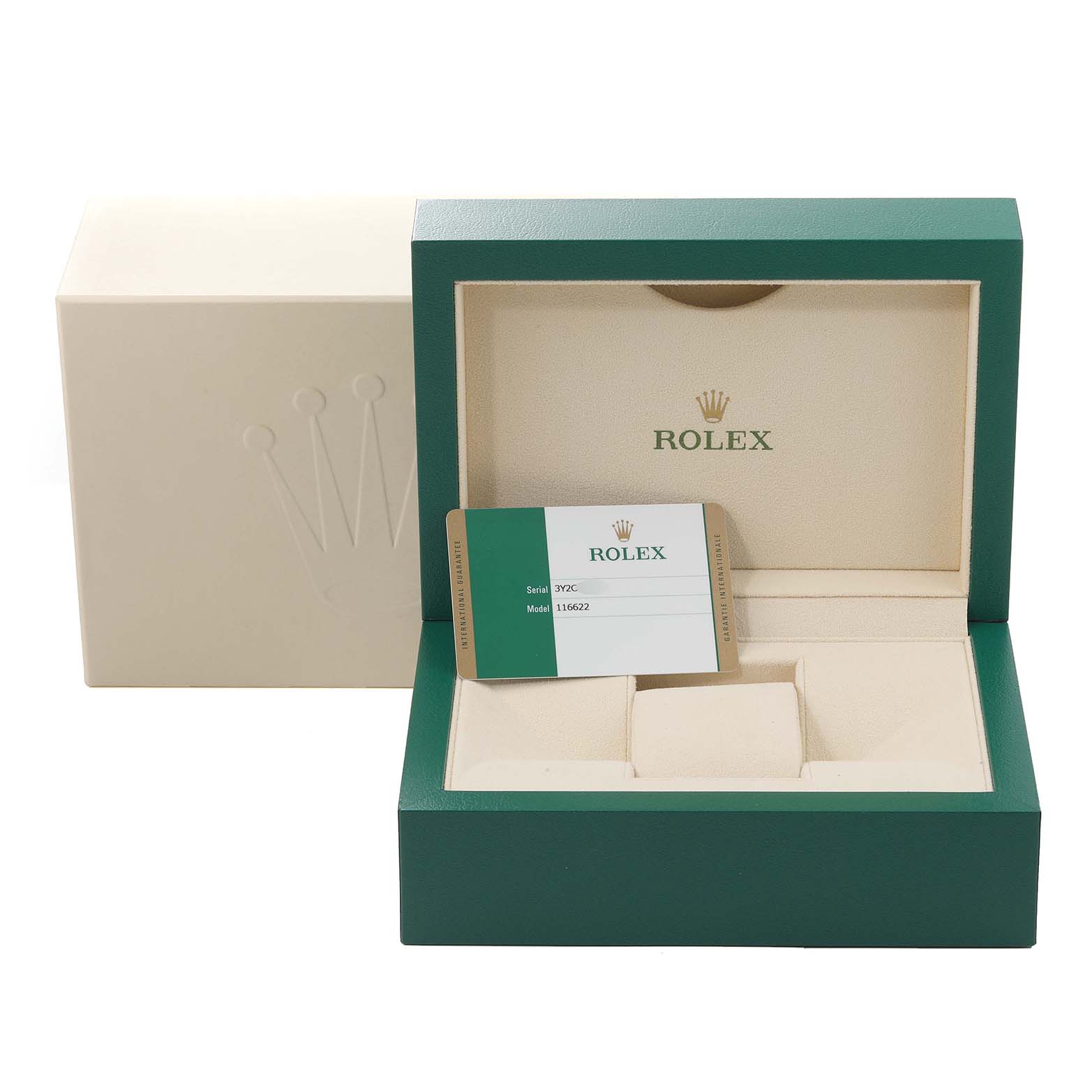 The image shows a Rolex Yacht-Master 116622 Men's Stainless Steel Blue Dial 116622 Men's Stainless Steel Blue Dial watch box with the outer box, inner box, and a warranty card.