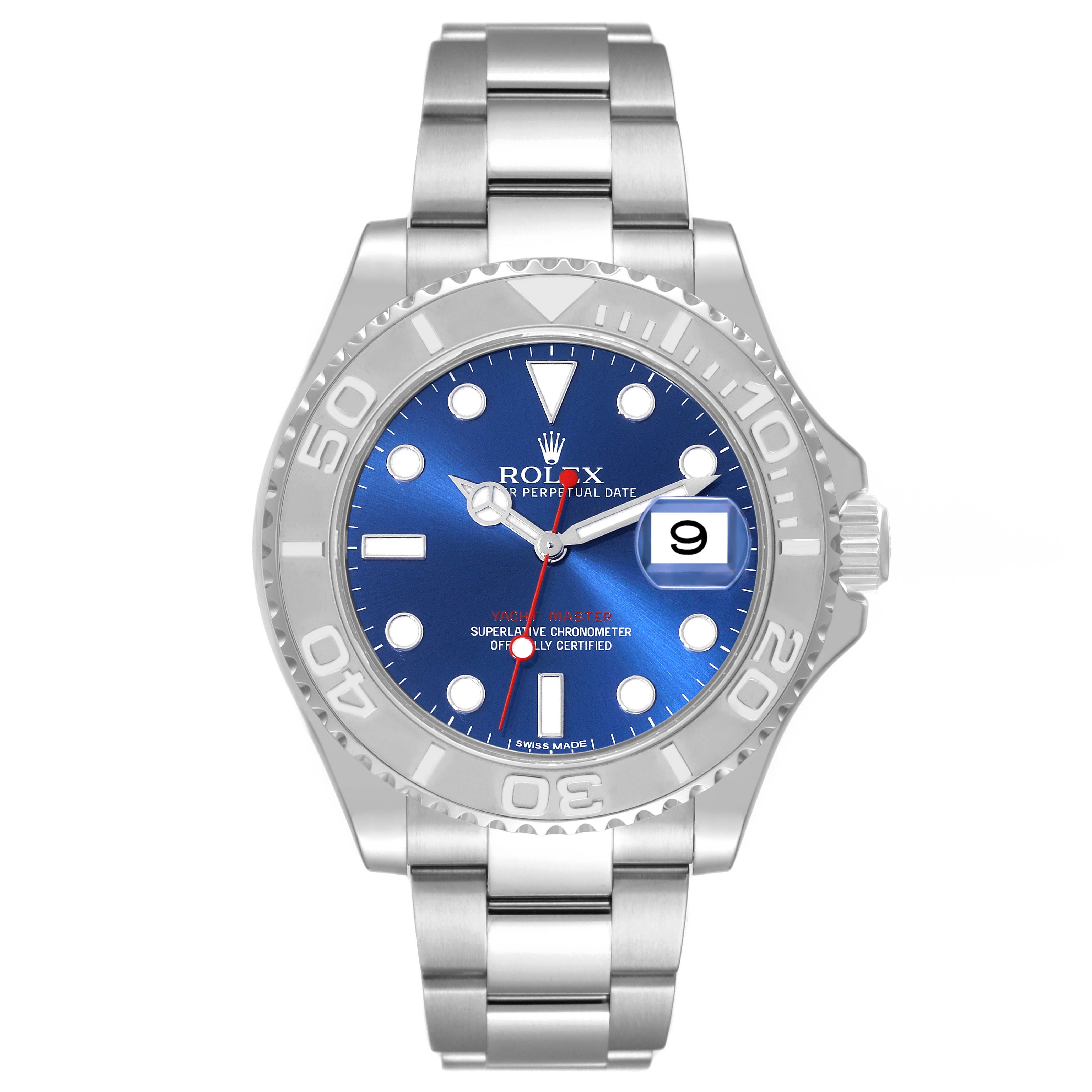 The image shows a Rolex Yacht-Master 116622 Men's Stainless Steel Blue Dial 116622 Men's Stainless Steel Blue Dial watch from a front angle, featuring a blue dial, silver bezel, and stainless steel bracelet.