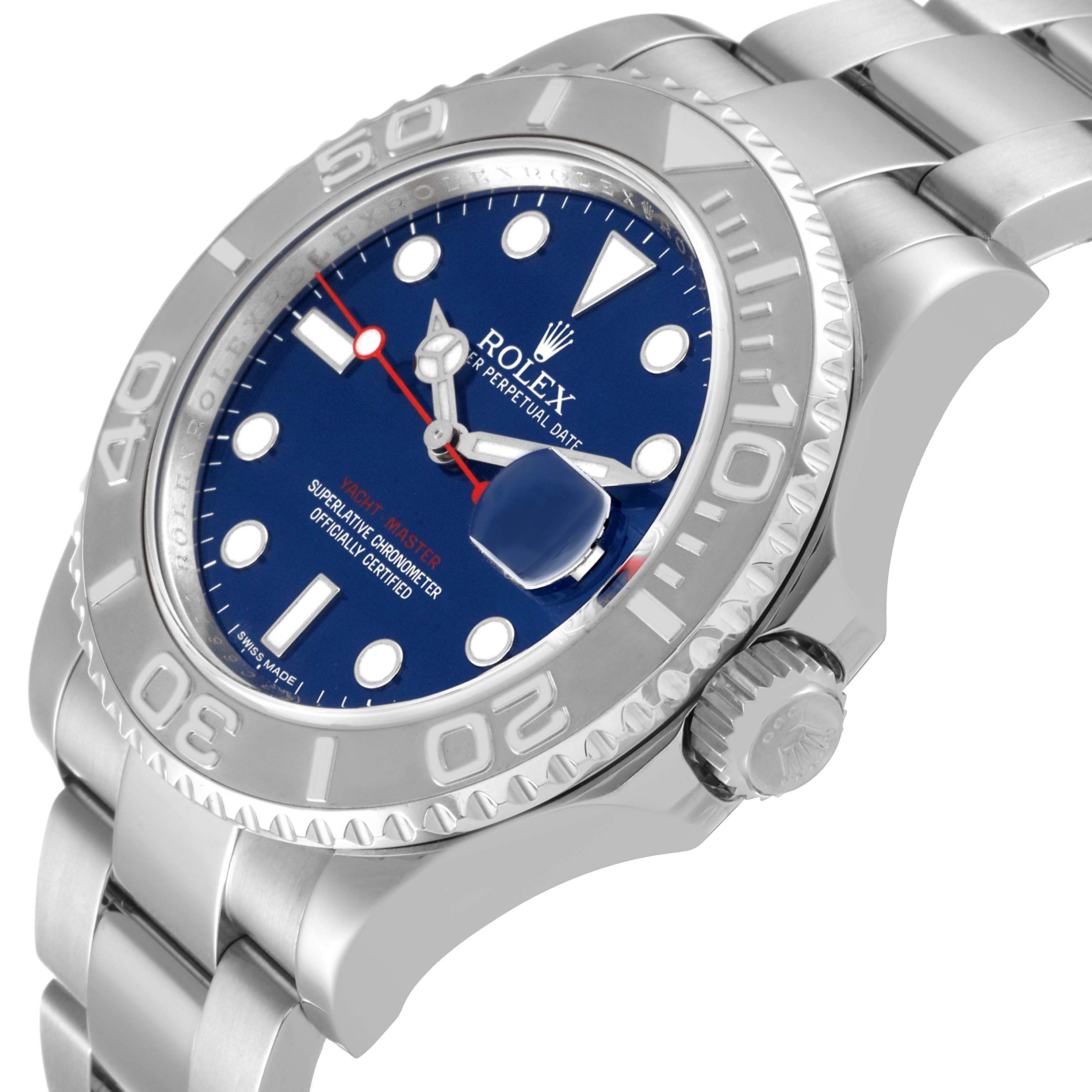 The image shows a close-up angle of the Rolex Yacht-Master 116622 Men's Stainless Steel Blue Dial 116622 Men's Stainless Steel Blue Dial watch's face, bezel, crown, and part of the bracelet.