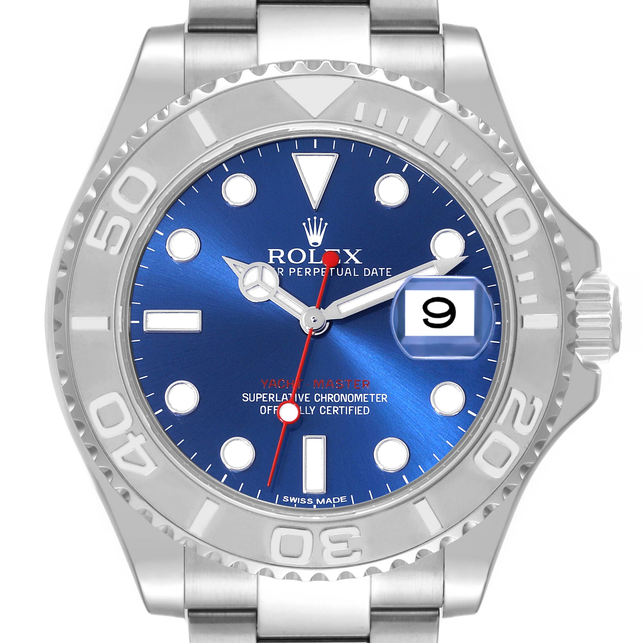This is a head-on view of the Rolex Yacht-Master 116622 Men's Stainless Steel Blue Dial 116622 Men's Stainless Steel Blue Dial, showcasing the dial, bezel, and a portion of the bracelet.