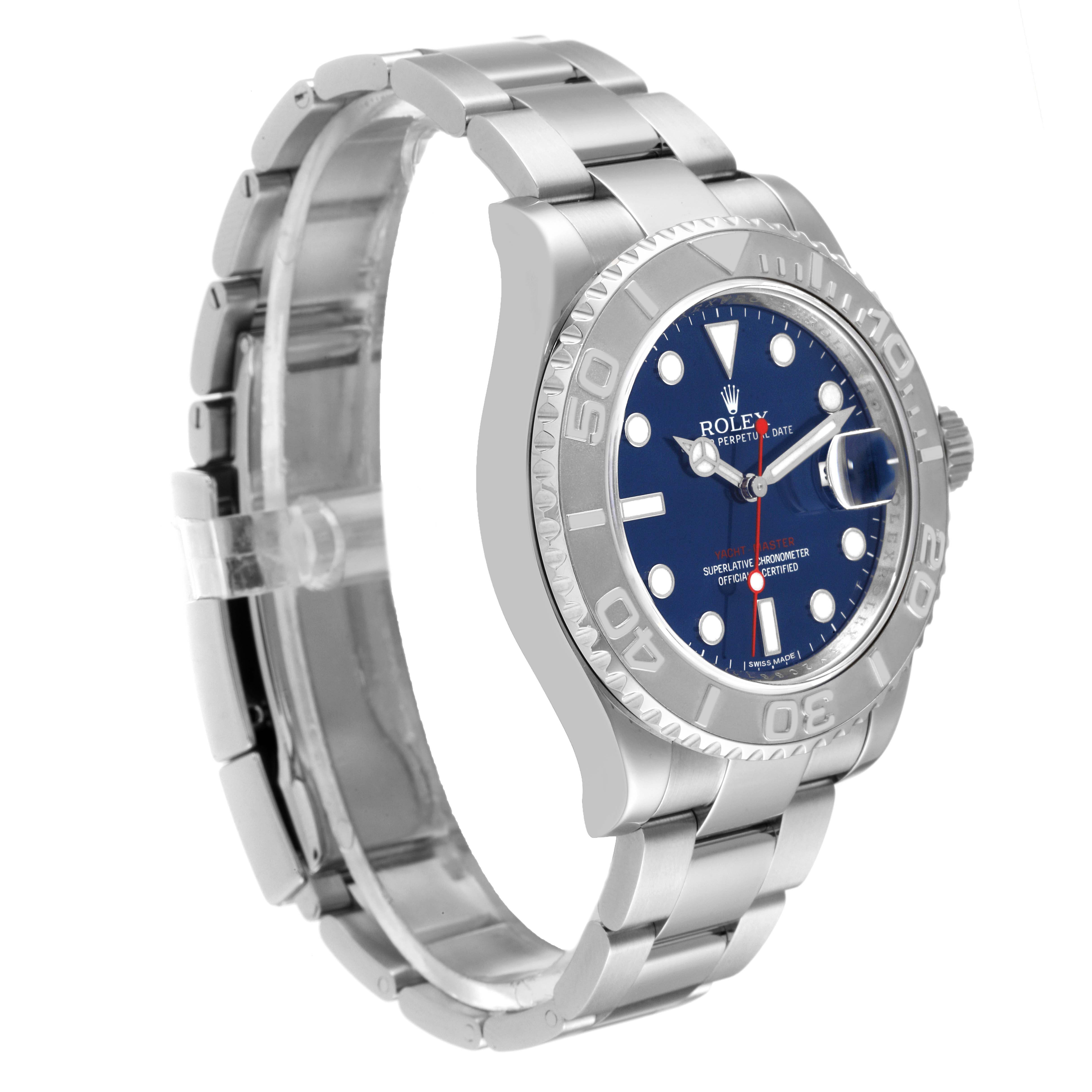 The Rolex Yacht-Master 116622 Men's Stainless Steel Blue Dial 116622 Men's Stainless Steel Blue Dial watch is shown at a slight angle, displaying the dial, bezel, and part of the bracelet.