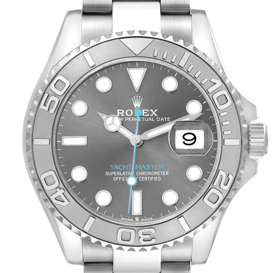 The image shows a front view of the Rolex Yacht-Master, highlighting the dial, bezel, and bracelet.