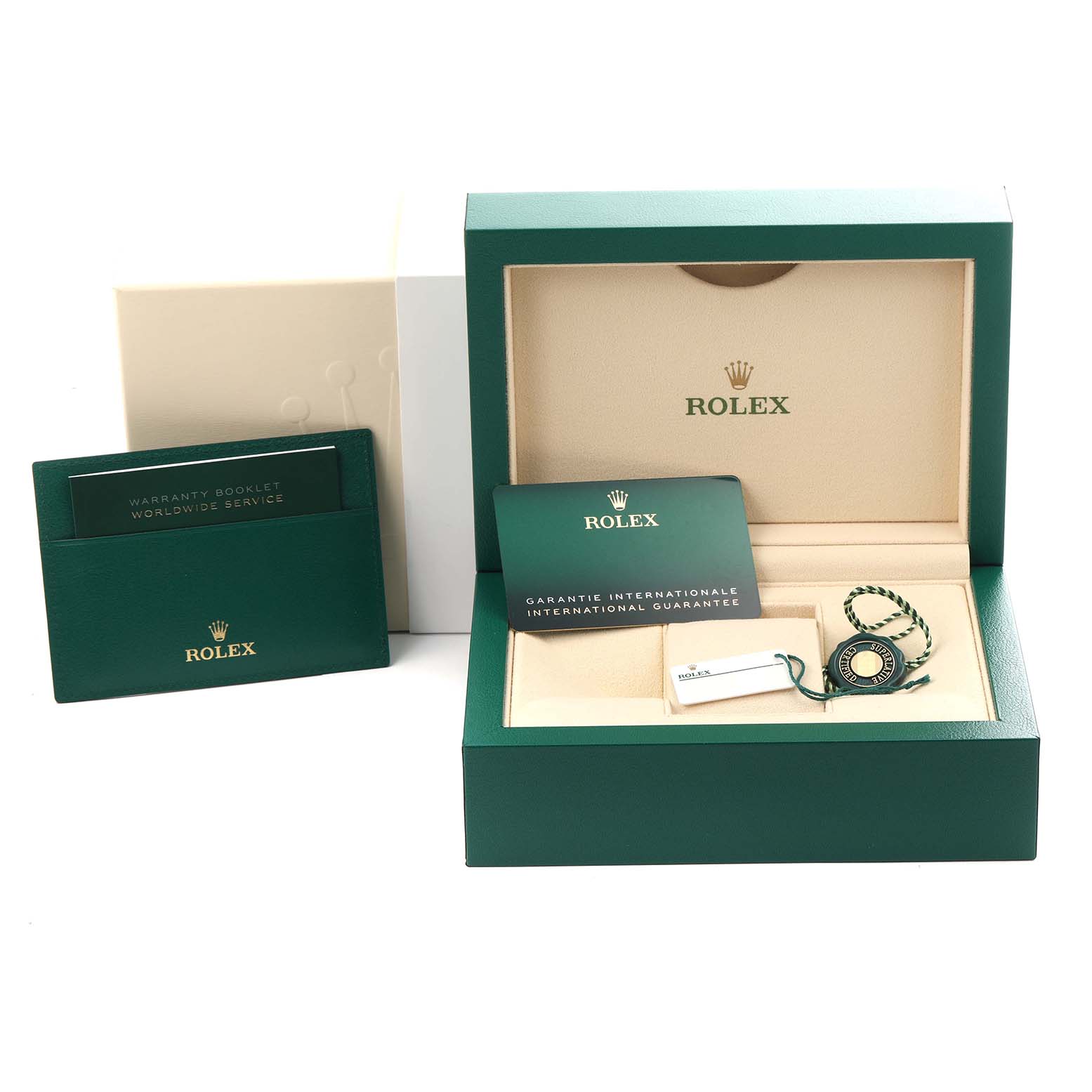 The image shows a Rolex Yacht-Master 126622 Men's Stainless Steel Grey Dial 126622 Men's Stainless Steel Grey Dial packaging including a box, warranty booklet, and international guarantee card.