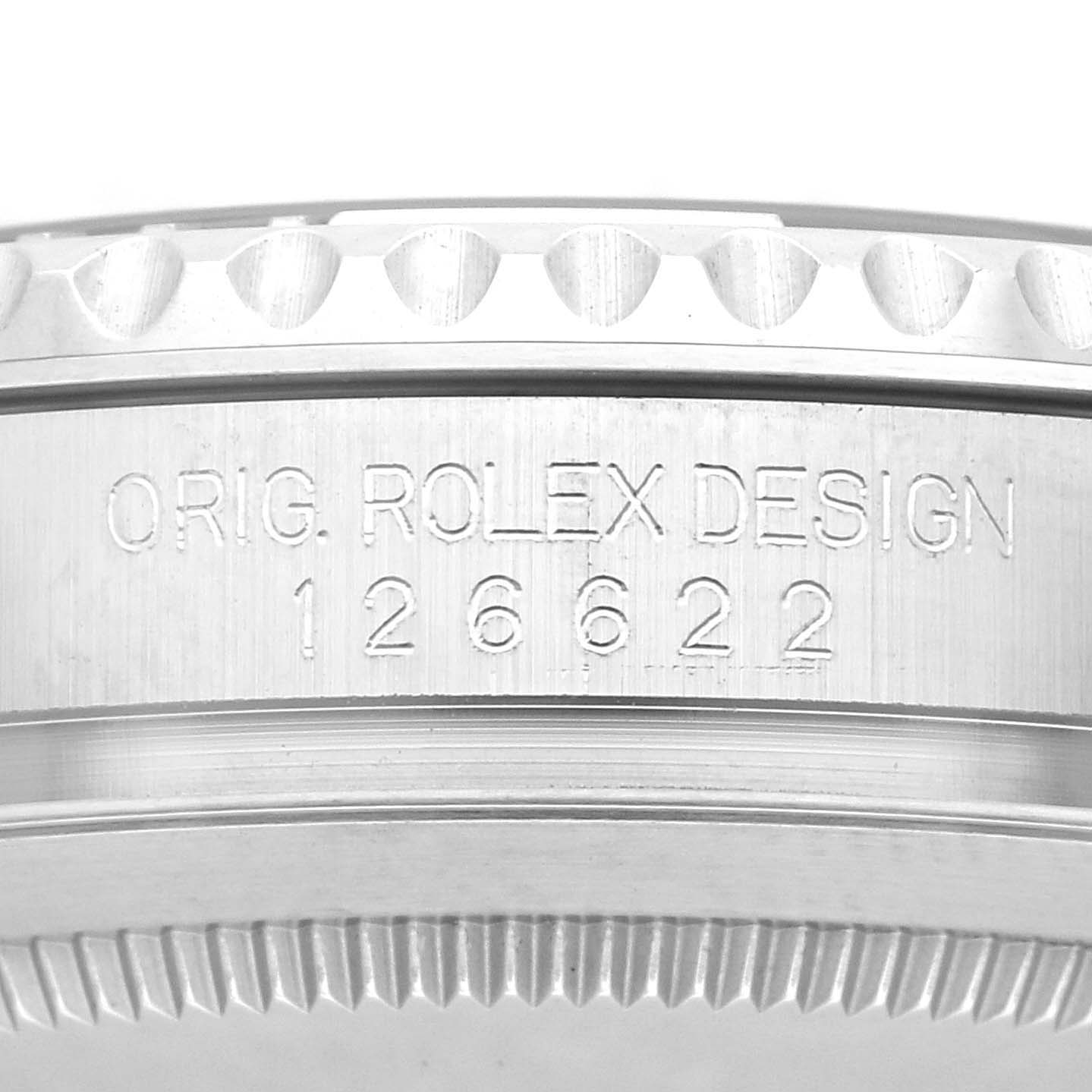 The image shows a close-up of the side of a Rolex Yacht-Master 126622 Men's Stainless Steel Grey Dial 126622 Men's Stainless Steel Grey Dial, featuring the engraved model number and bezel edge.