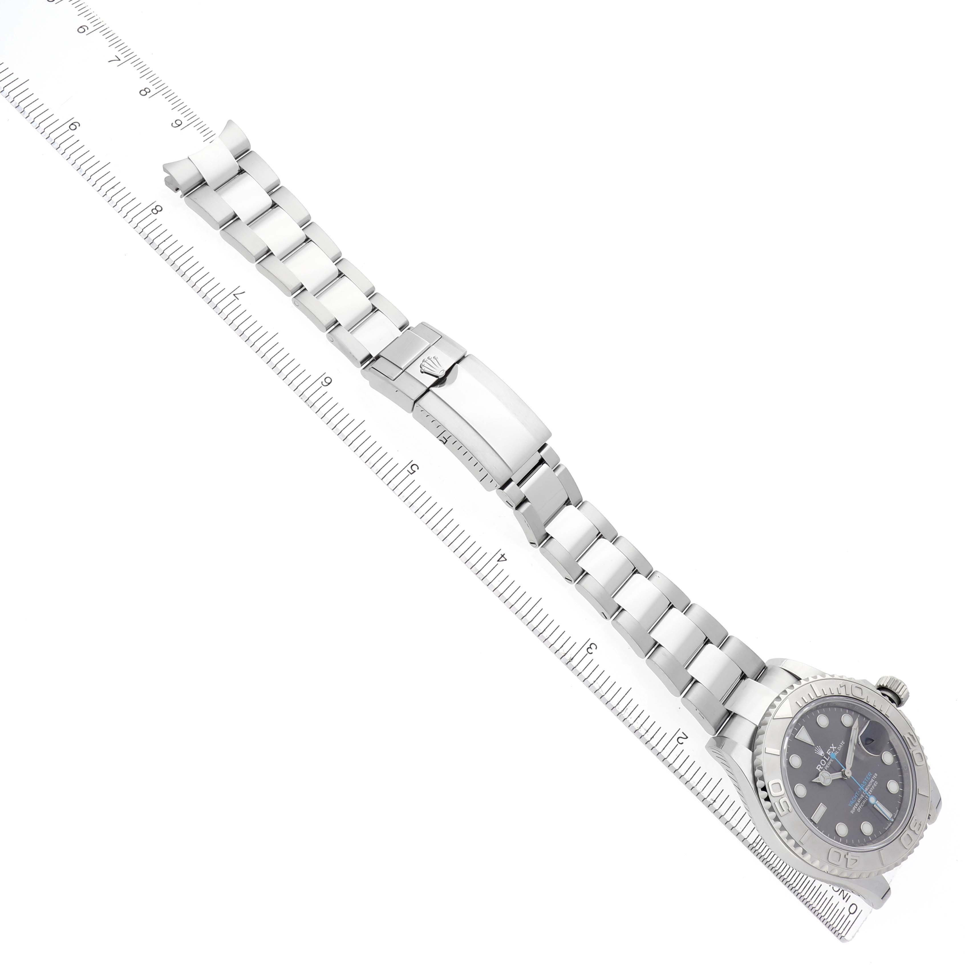 The image shows a Rolex Yacht-Master 126622 Men's Stainless Steel Grey Dial 126622 Men's Stainless Steel Grey Dial watch from a top-down angle, highlighting the dial, bezel, bracelet, and clasp.