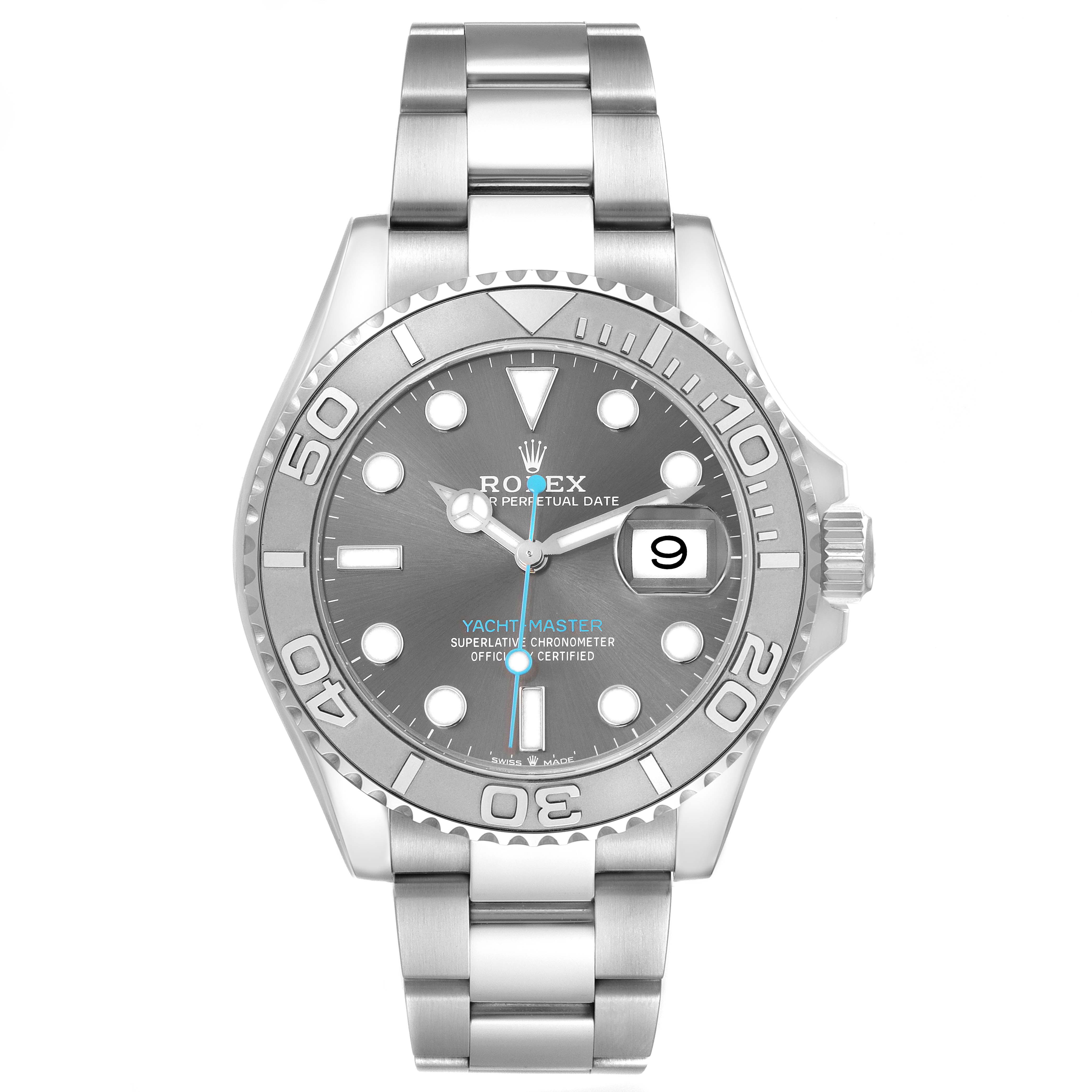 The Rolex Yacht-Master 126622 Men's Stainless Steel Grey Dial 126622 Men's Stainless Steel Grey Dial watch is shown from a front angle, displaying the dial, bezel, bracelet, and date feature.