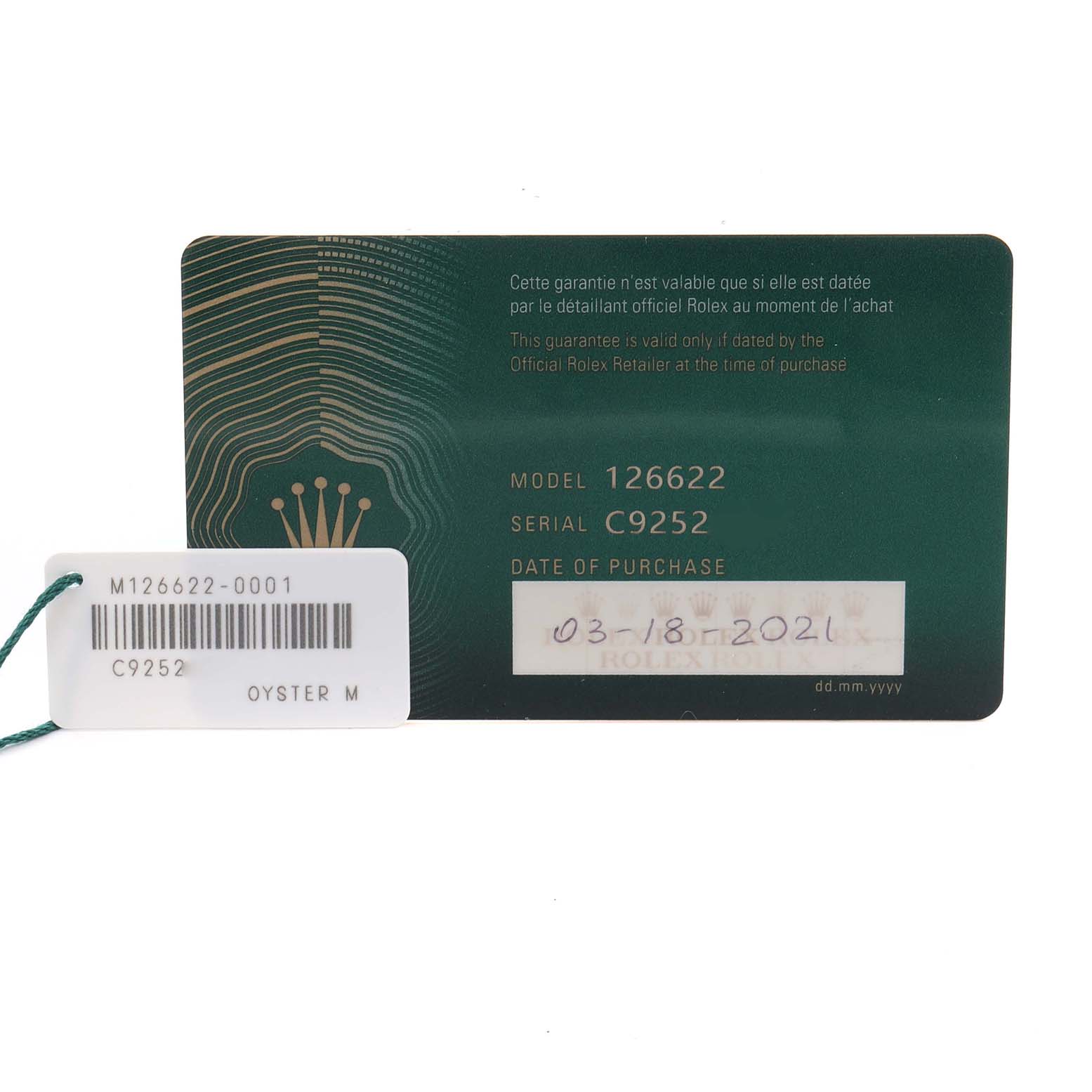The image shows a warranty card and tag for a Rolex Yacht-Master 126622 Men's Stainless Steel Grey Dial 126622 Men's Stainless Steel Grey Dial, displaying the model and serial number.