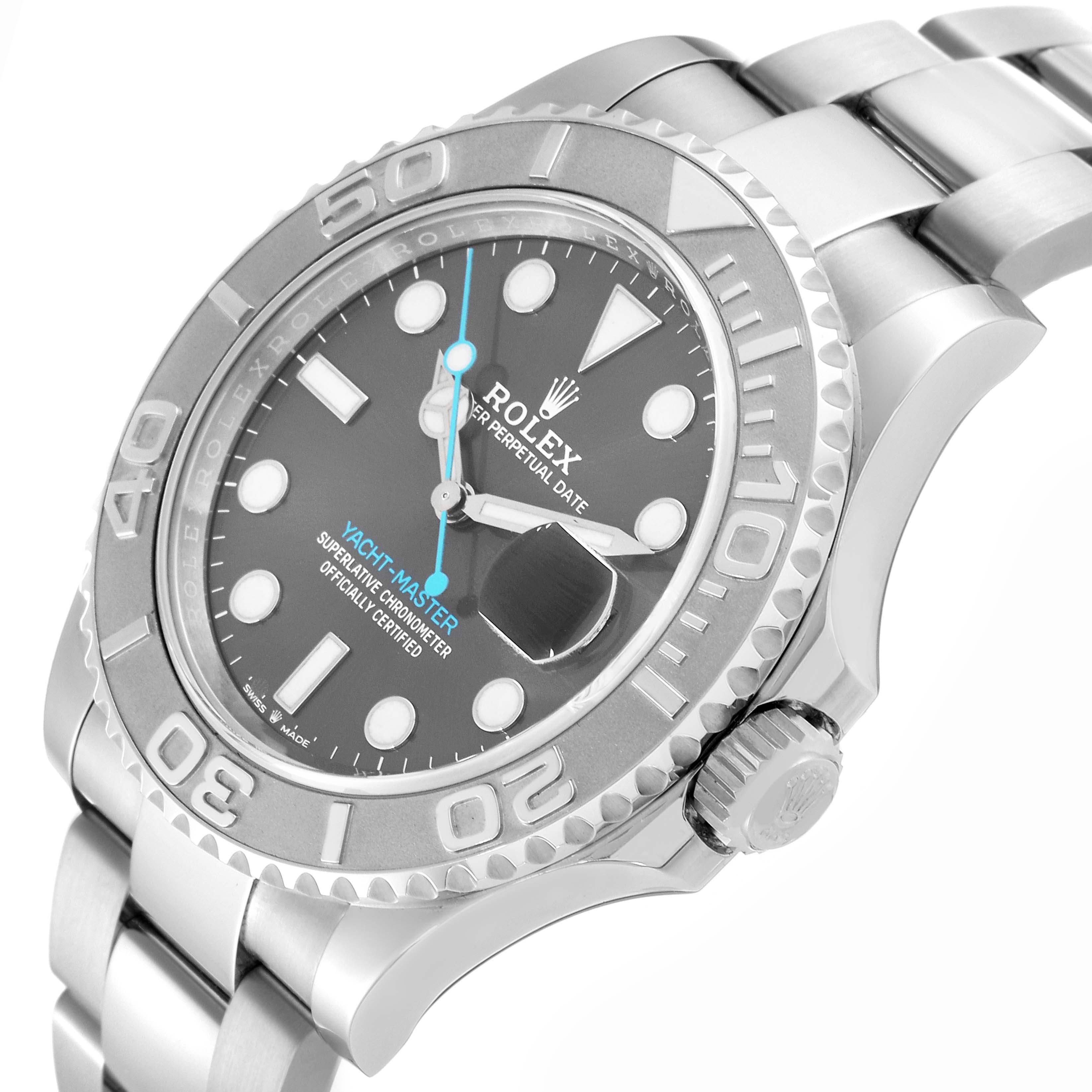 The Rolex Yacht-Master 126622 Men's Stainless Steel Grey Dial 126622 Men's Stainless Steel Grey Dial watch is shown at an angled view highlighting the bezel, crown, and part of the bracelet.