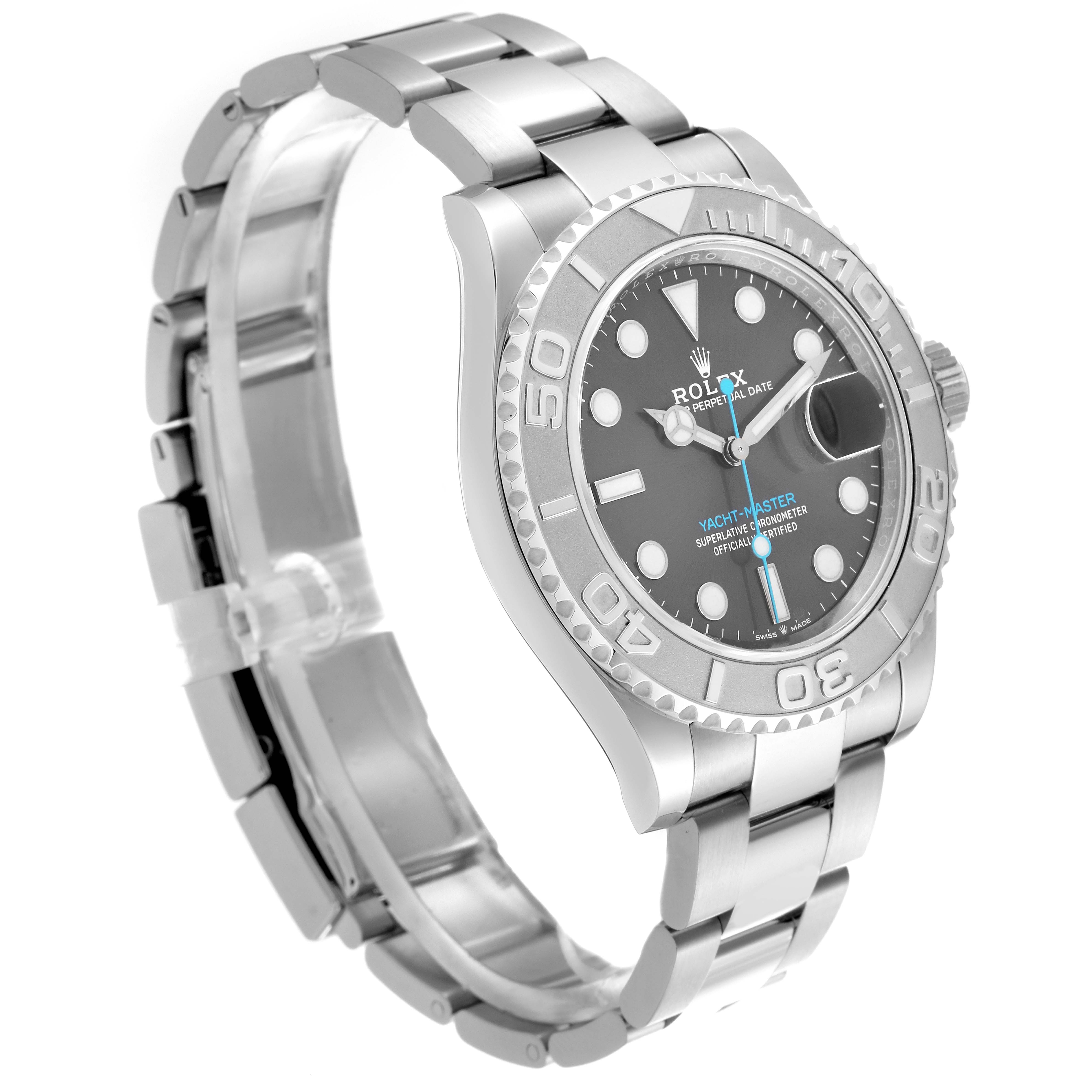 The Rolex Yacht-Master 126622 Men's Stainless Steel Grey Dial 126622 Men's Stainless Steel Grey Dial watch is shown at a three-quarter angle, highlighting the face, bezel, and bracelet.
