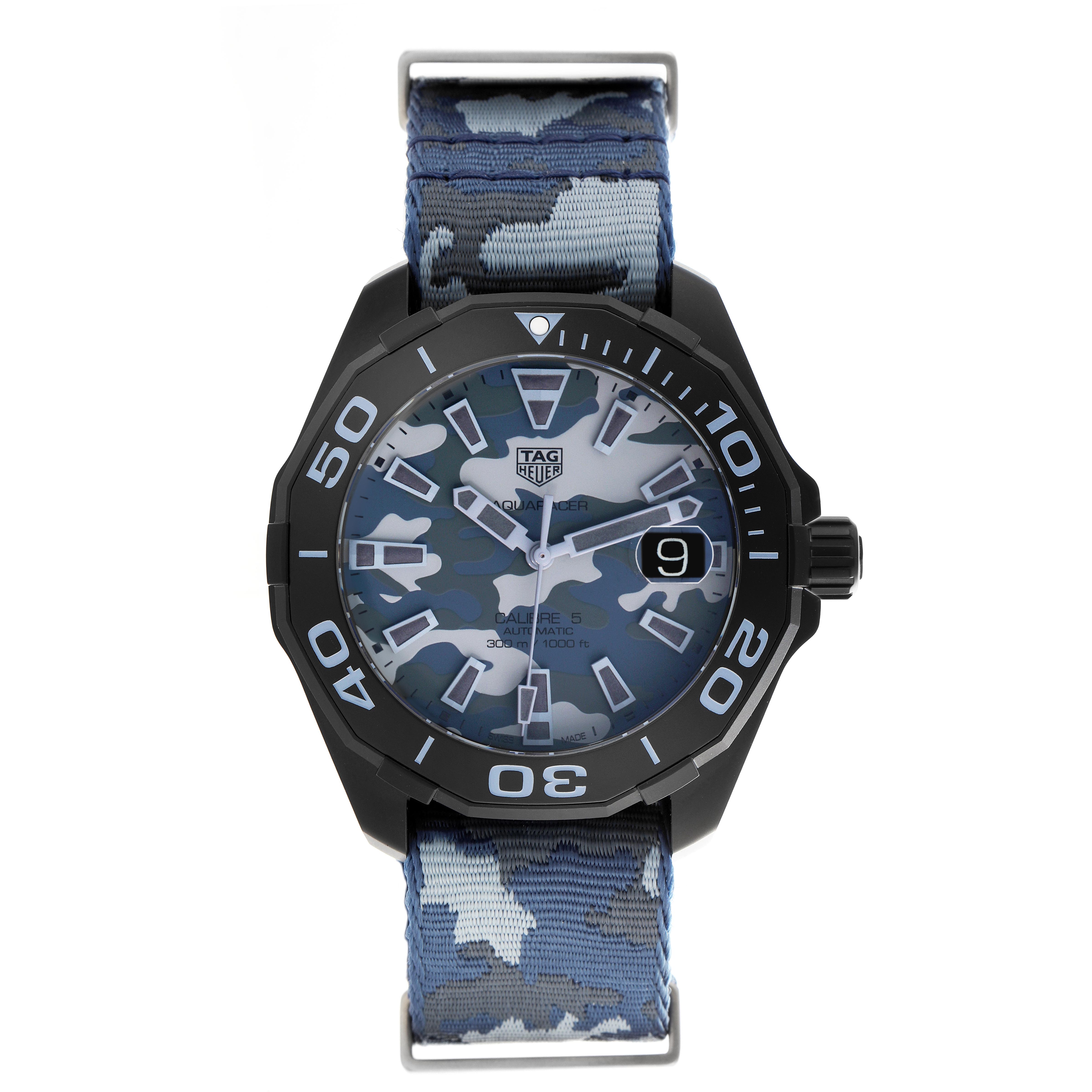 The Tag Heuer Aquaracer WAY208D.FC8221 Men
s Titanium Blue Dial WAY208D.FC8221 Men
s Titanium Blue Dial is shown from a front angle, featuring a camouflage dial, black bezel, and a blue camo strap.