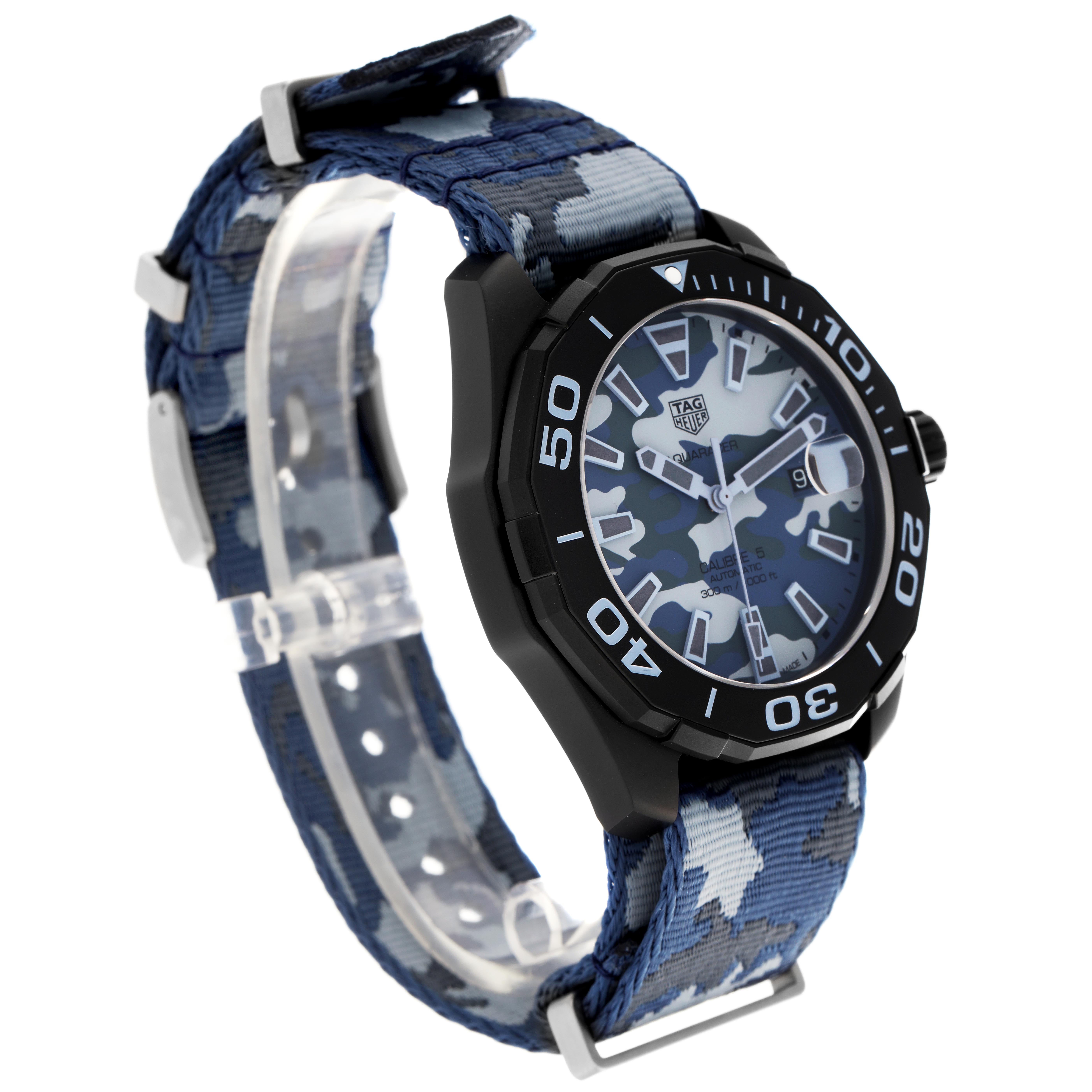 The Tag Heuer Aquaracer WAY208D.FC8221 Men
s Titanium Blue Dial WAY208D.FC8221 Men
s Titanium Blue Dial watch is shown from a side angle, highlighting the bezel, dial, and camo strap.
