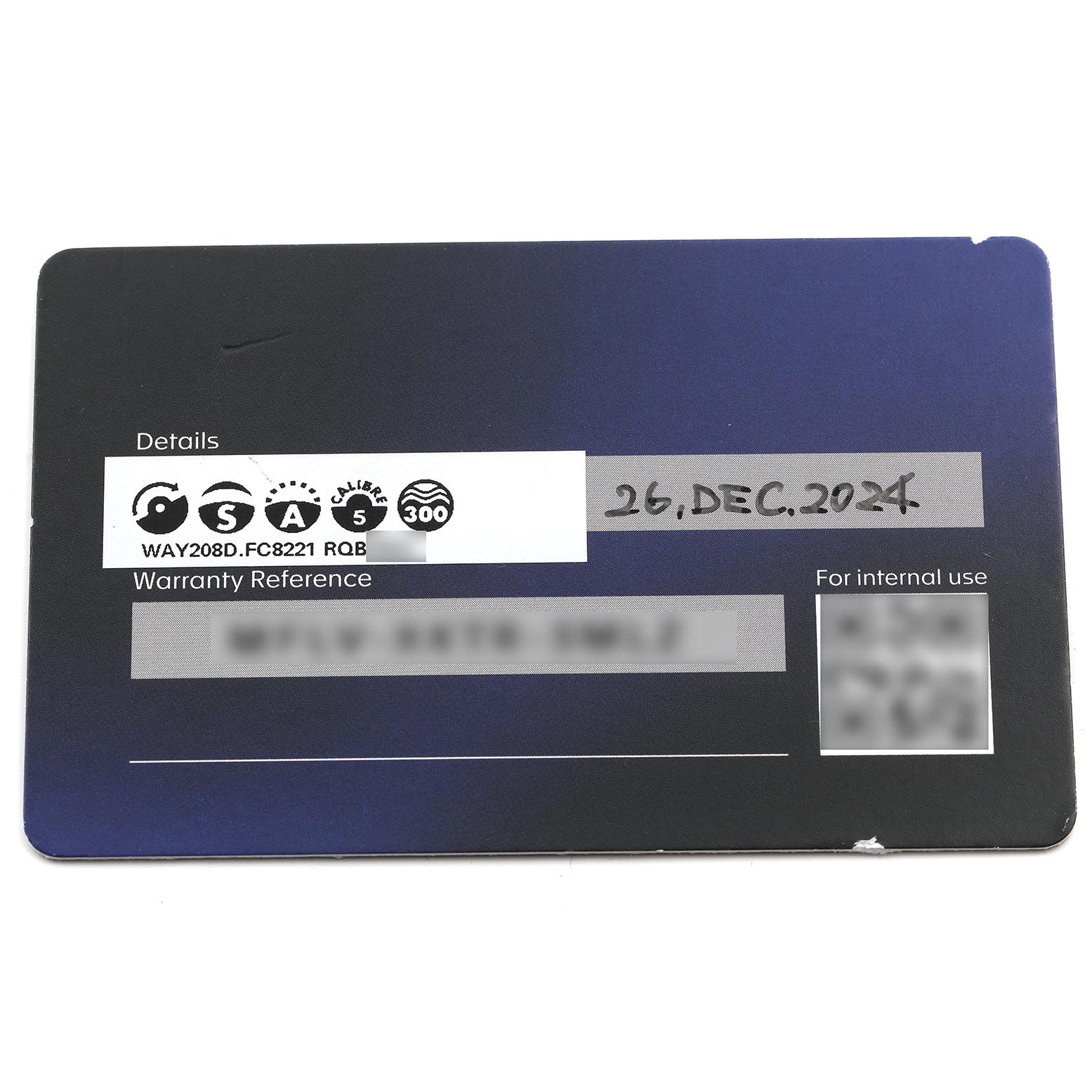 This image shows the warranty card for a Tag Heuer Aquaracer WAY208D.FC8221 Men
s Titanium Blue Dial WAY208D.FC8221 Men
s Titanium Blue Dial model, displaying model details and a warranty date.