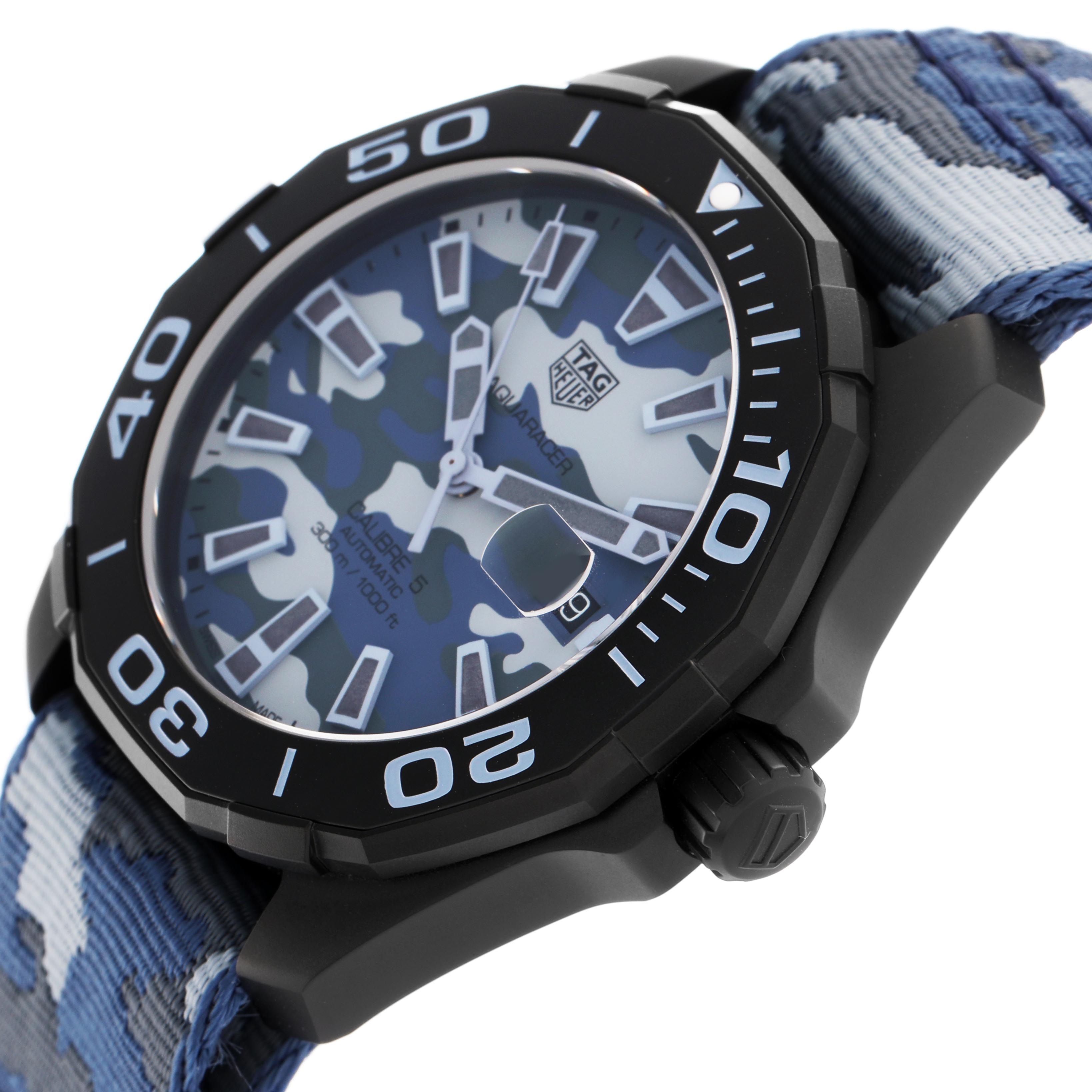 The Tag Heuer Aquaracer WAY208D.FC8221 Men
s Titanium Blue Dial WAY208D.FC8221 Men
s Titanium Blue Dial watch is shown from a tilted side angle, highlighting the bezel, crown, and strap.