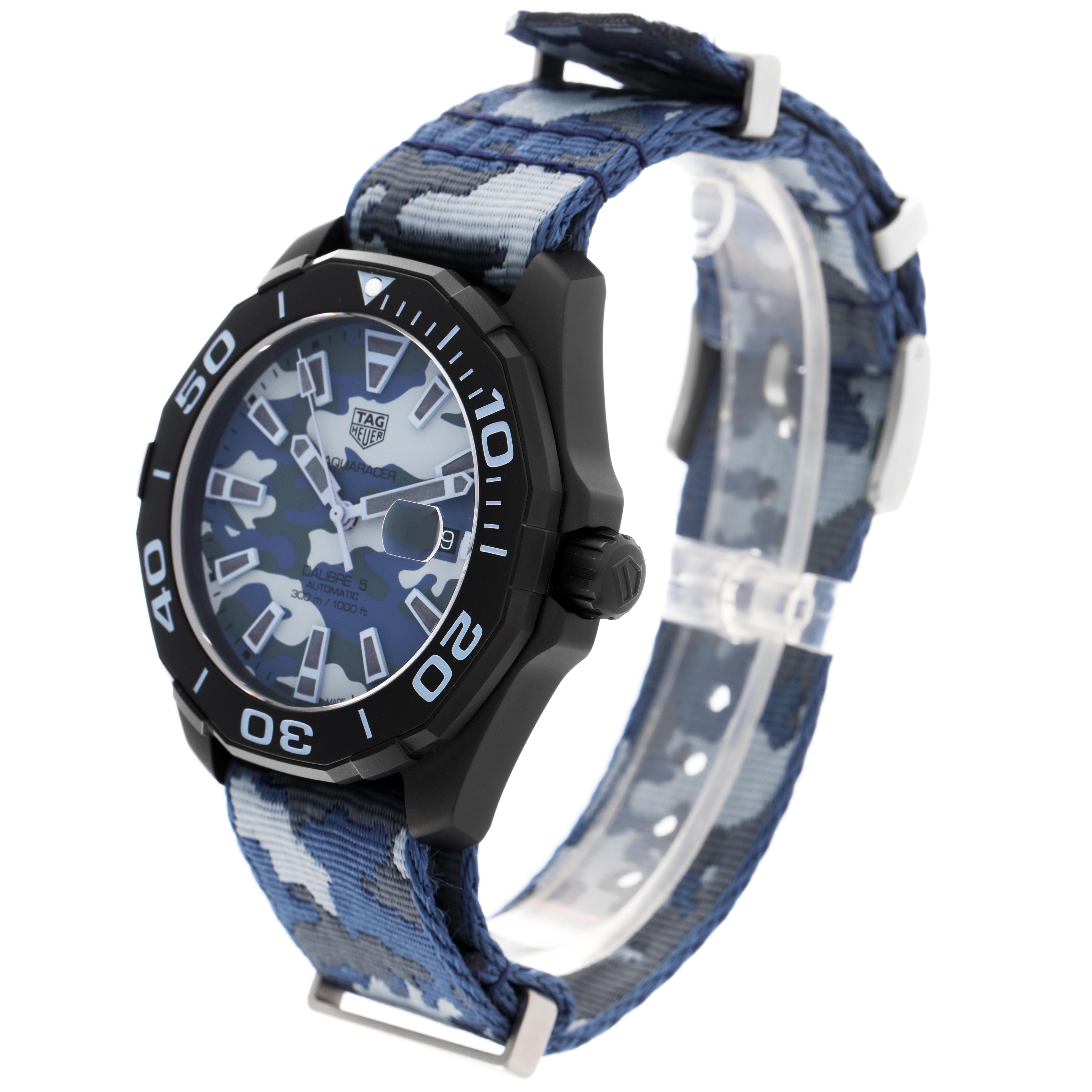 The image shows the Tag Heuer Aquaracer WAY208D.FC8221 Men
s Titanium Blue Dial WAY208D.FC8221 Men
s Titanium Blue Dial watch at a three-quarter angle, highlighting the patterned strap and bezel.