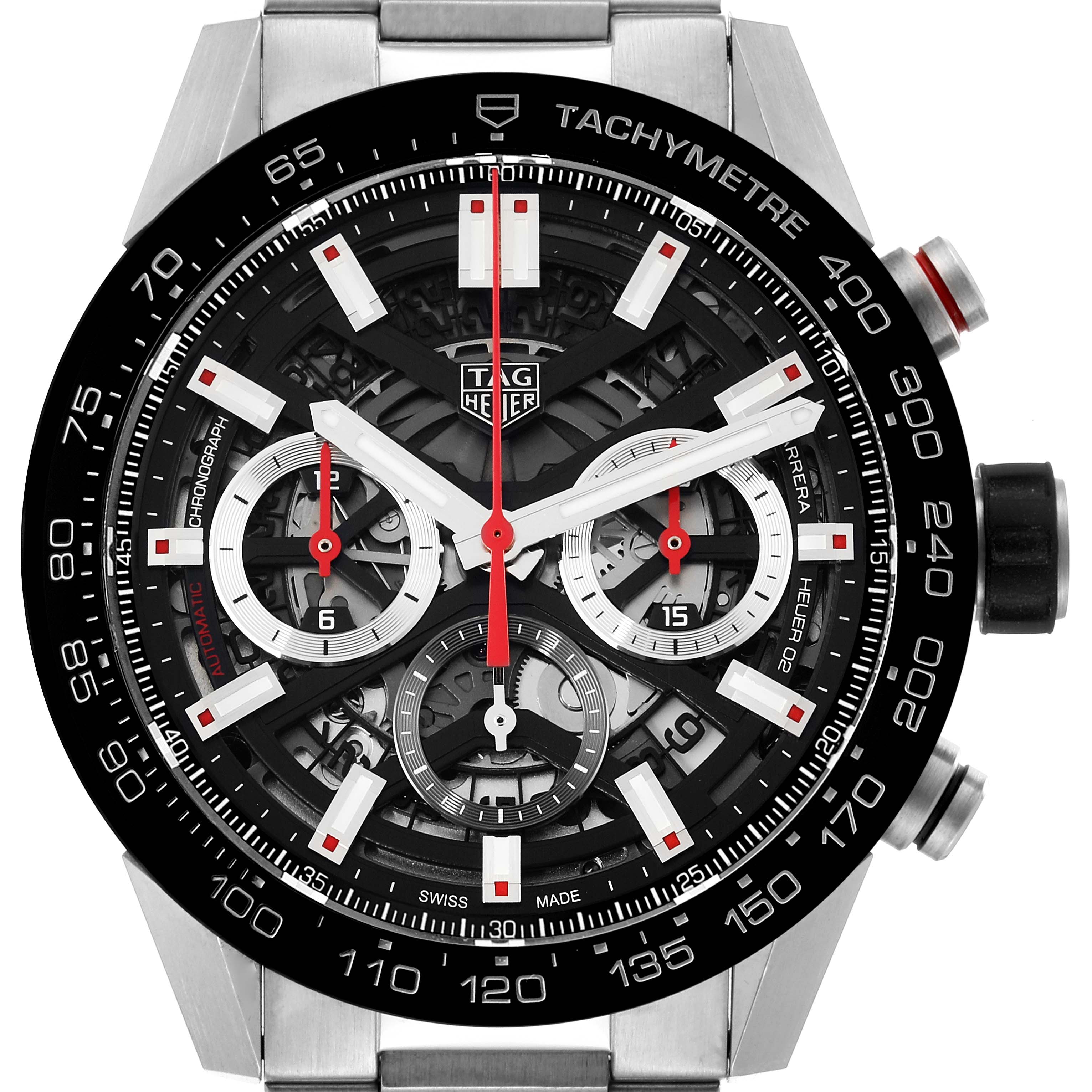 The Tag Heuer Carrera CBG2A10.BA0654 Men's Stainless Steel Black Dial CBG2A10.BA0654 Men's Stainless Steel Black Dial watch is shown from a front angle, highlighting the face, chronograph subdials, tachymetre scale, and crown.
