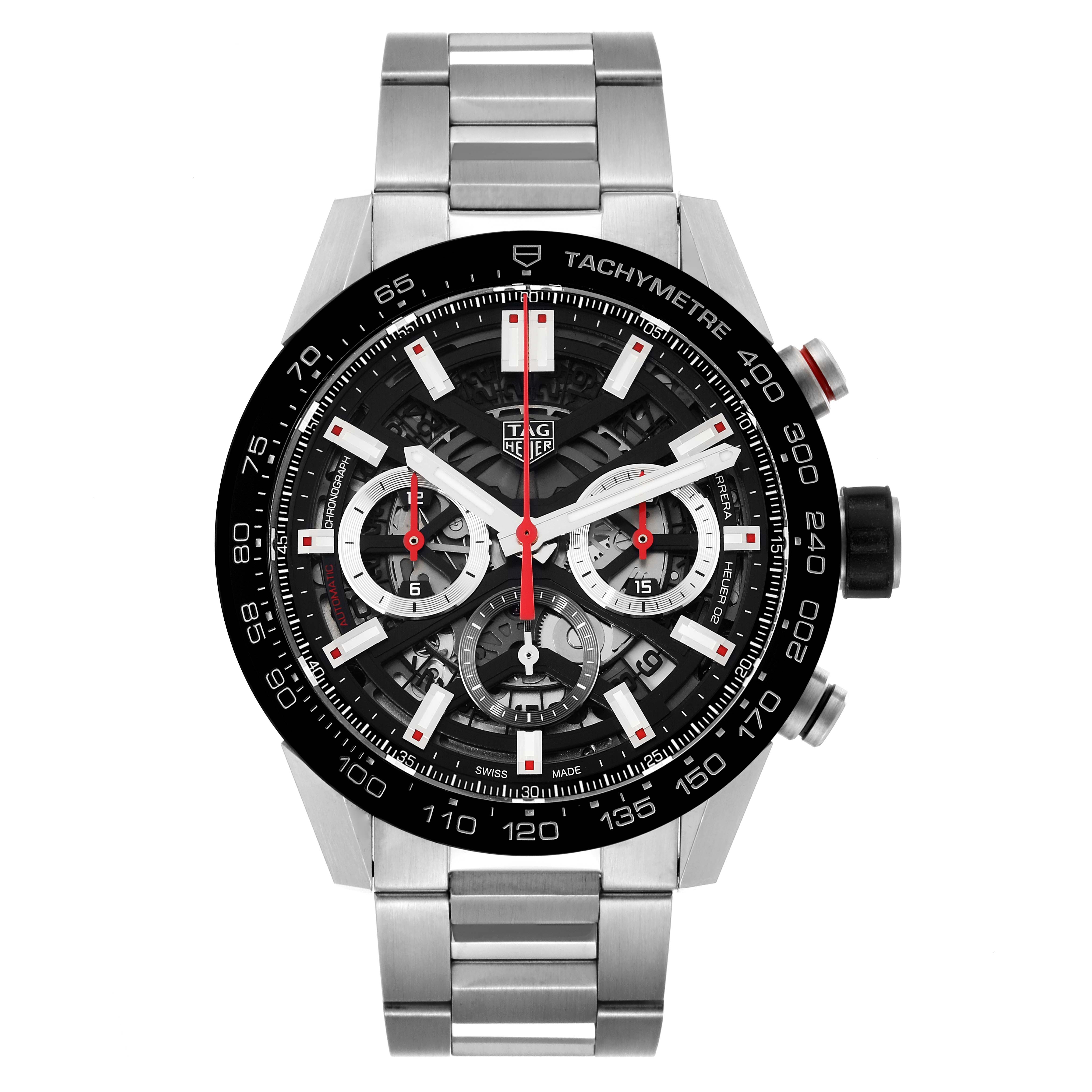 The image shows a front view of the Tag Heuer Carrera CBG2A10.BA0654 Men's Stainless Steel Black Dial CBG2A10.BA0654 Men's Stainless Steel Black Dial watch, highlighting its skeleton dial and stainless steel bracelet.