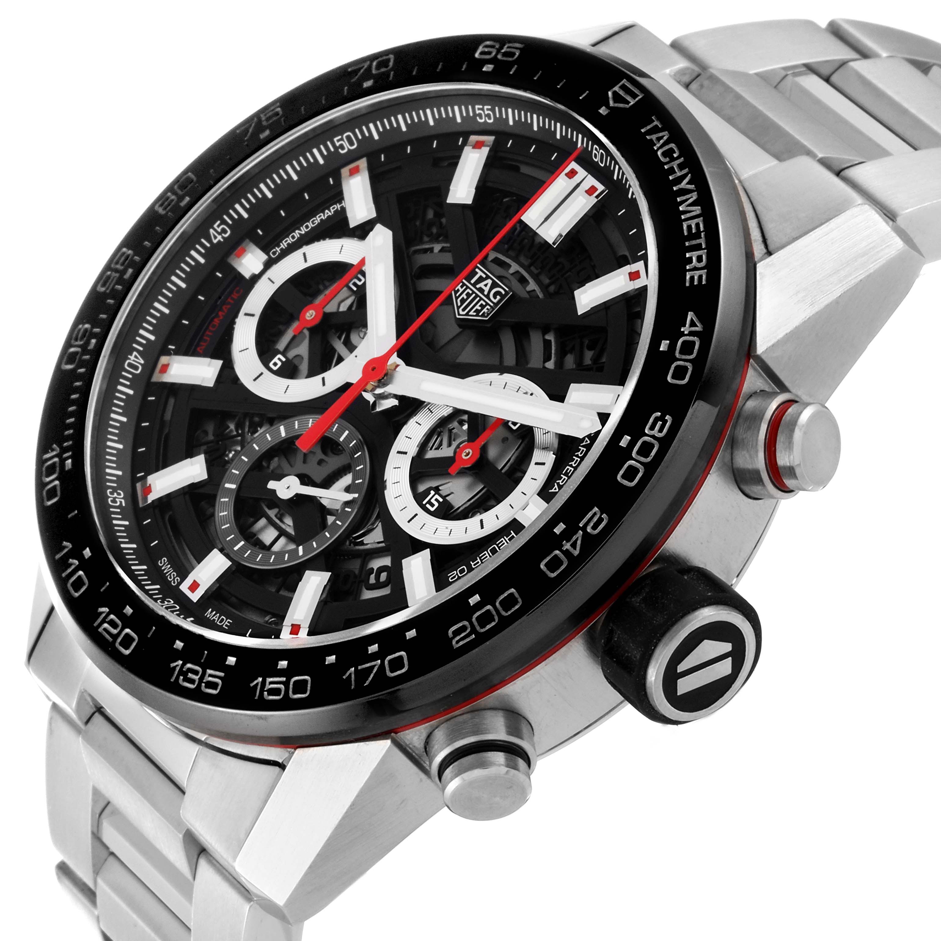 This image shows a close-up angle of the Tag Heuer Carrera CBG2A10.BA0654 Men's Stainless Steel Black Dial CBG2A10.BA0654 Men's Stainless Steel Black Dial watch, highlighting its dial, bezel, and stainless steel bracelet.