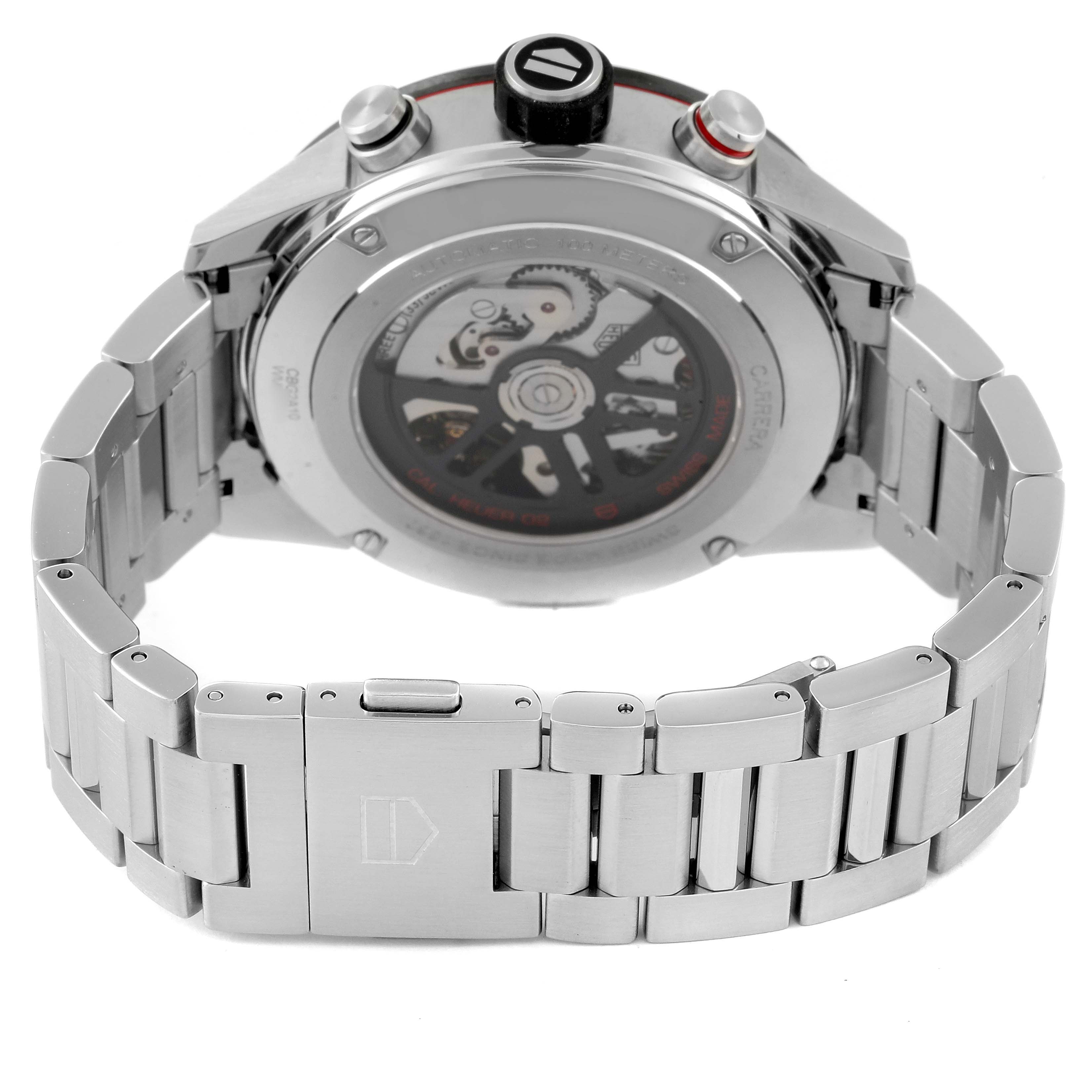 The image shows the back view of a Tag Heuer Carrera CBG2A10.BA0654 Men's Stainless Steel Black Dial CBG2A10.BA0654 Men's Stainless Steel Black Dial watch, highlighting its stainless steel bracelet and transparent case back.