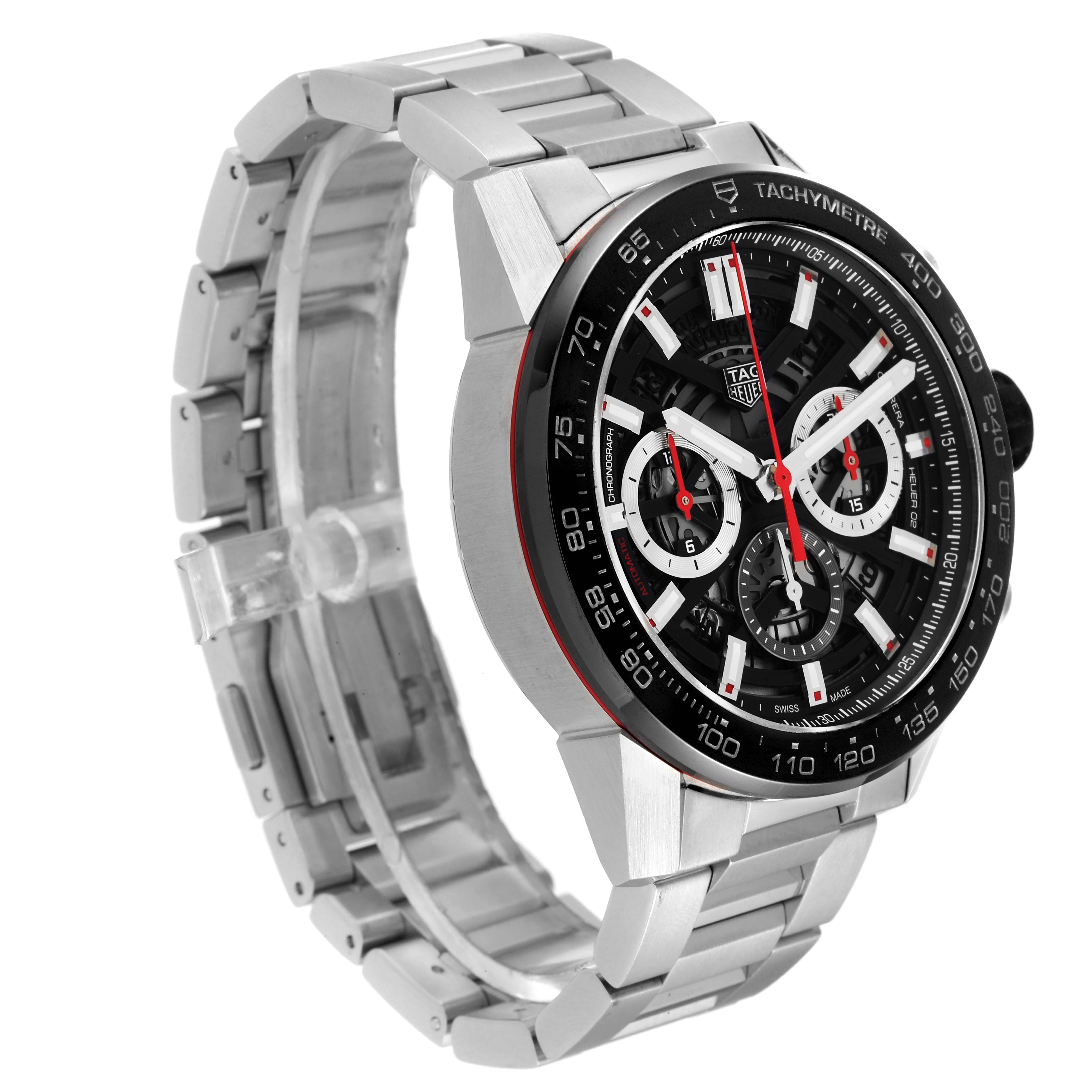 The image shows a Tag Heuer Carrera CBG2A10.BA0654 Men's Stainless Steel Black Dial CBG2A10.BA0654 Men's Stainless Steel Black Dial model watch at a three-quarter angle highlighting the face, bezel, and stainless steel bracelet.