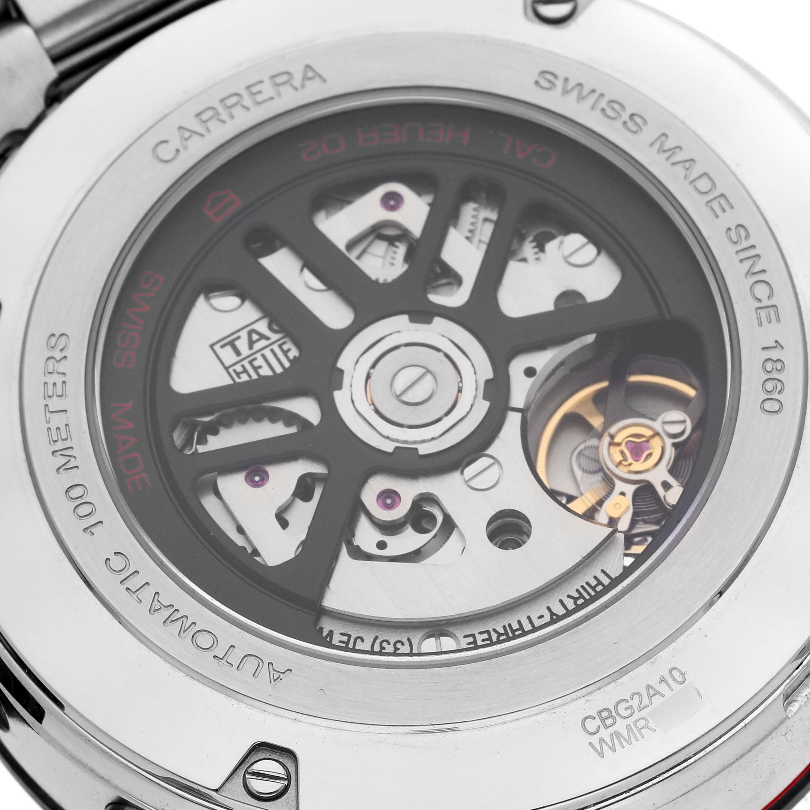 This image shows the back view of a Tag Heuer Carrera CBG2A10.BA0654 Men's Stainless Steel Black Dial CBG2A10.BA0654 Men's Stainless Steel Black Dial watch, highlighting its automatic movement and inner mechanisms.