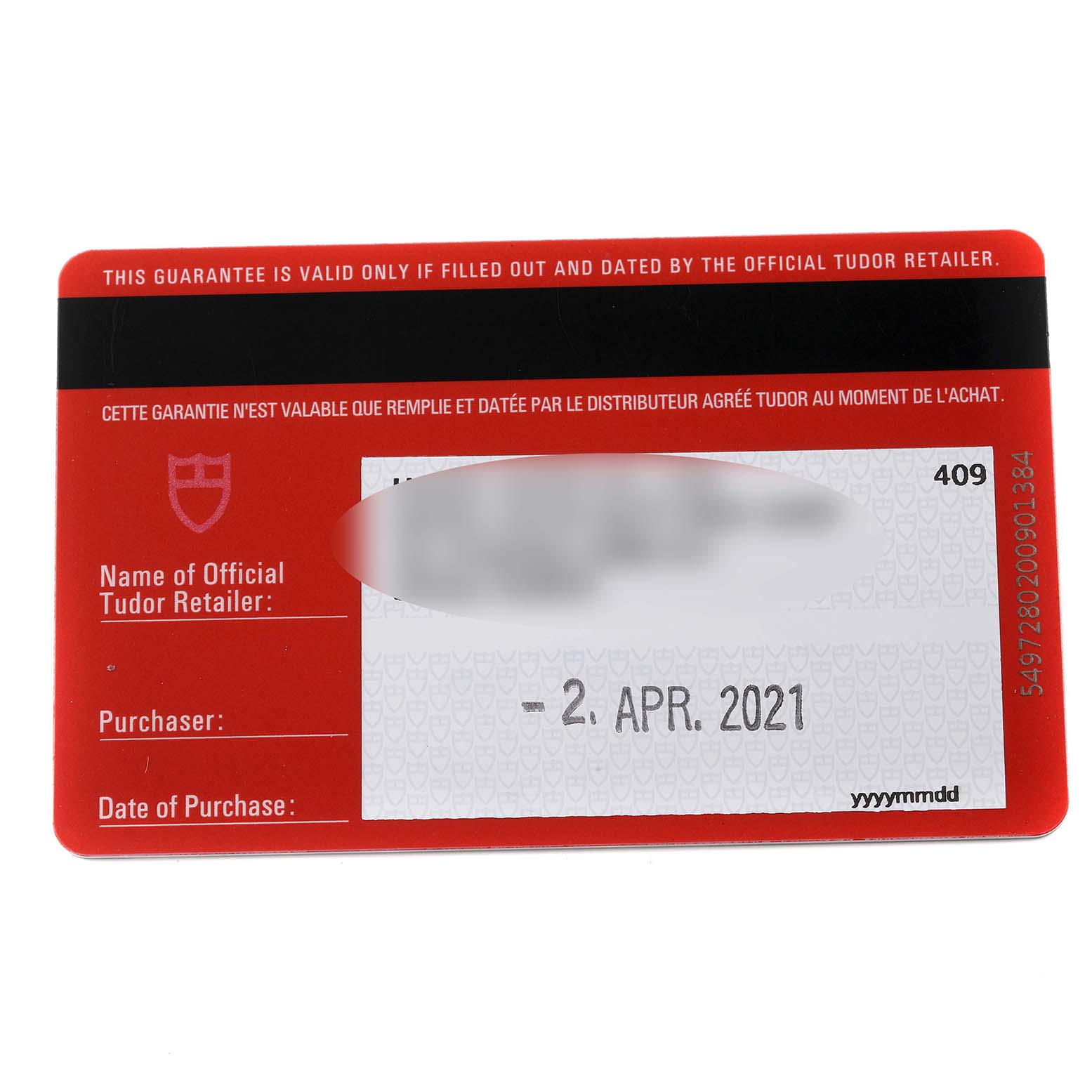 This image shows the guarantee card for the Tudor Heritage Black Bay 79230R Men
s Stainless Steel Black Dial 79230R Men
s Stainless Steel Black Dial watch, including retailer and purchase date details.