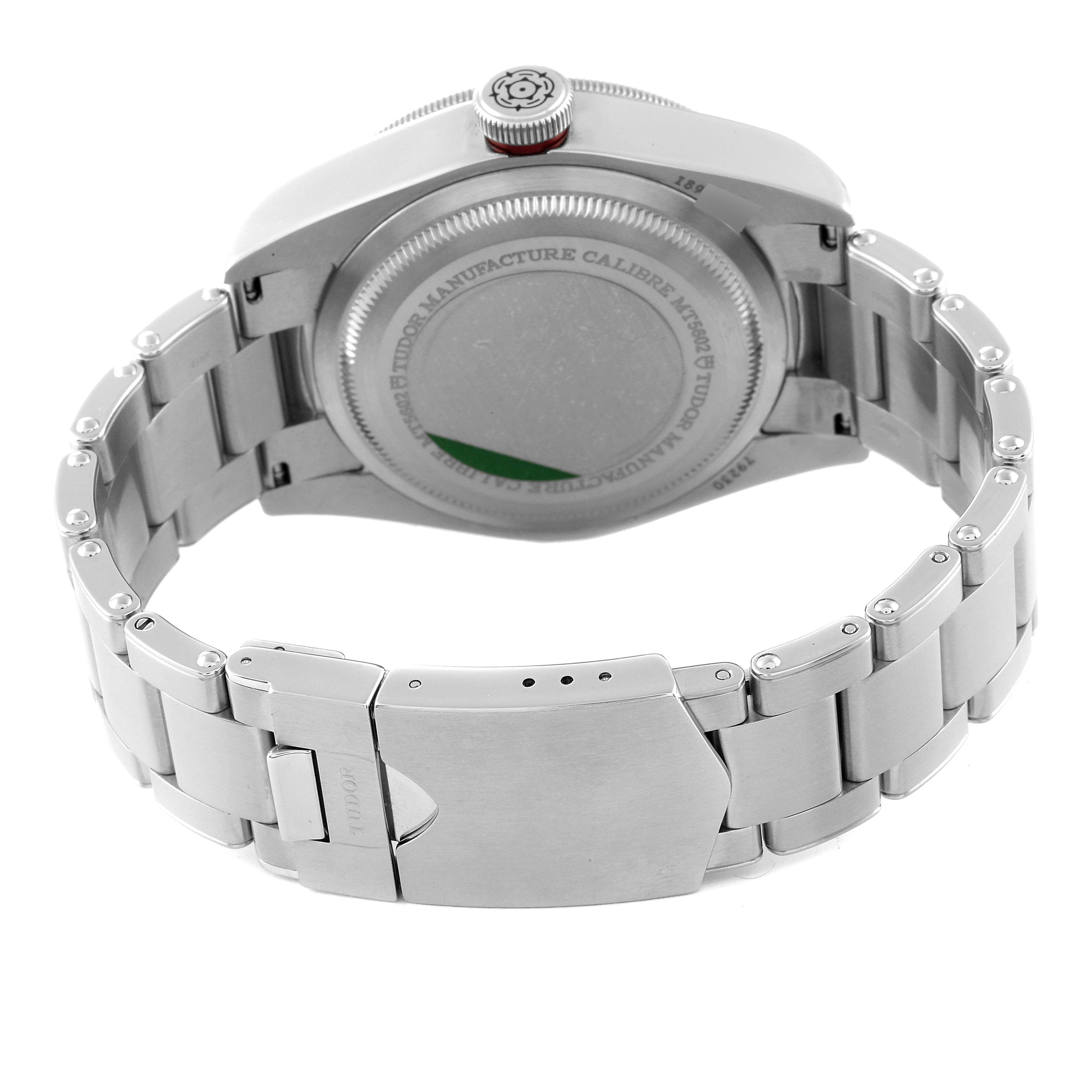 The image shows the back view of a Tudor Heritage Black Bay 79230R Men
s Stainless Steel Black Dial 79230R Men
s Stainless Steel Black Dial watch, highlighting the stainless steel bracelet and clasp.