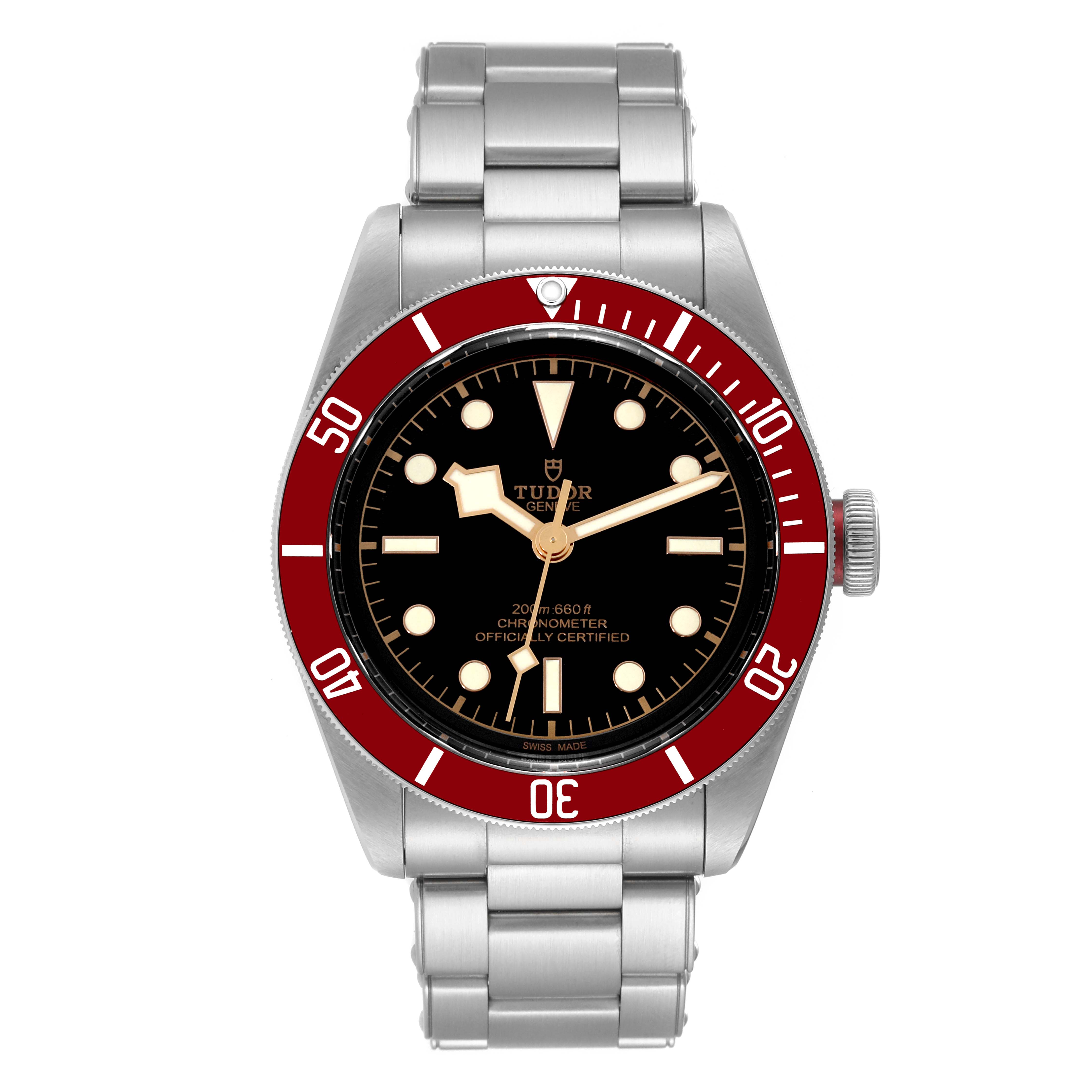 The image shows a front view of the Tudor Heritage Black Bay 79230R Men
s Stainless Steel Black Dial 79230R Men
s Stainless Steel Black Dial watch, displaying its face, bezel, and bracelet.