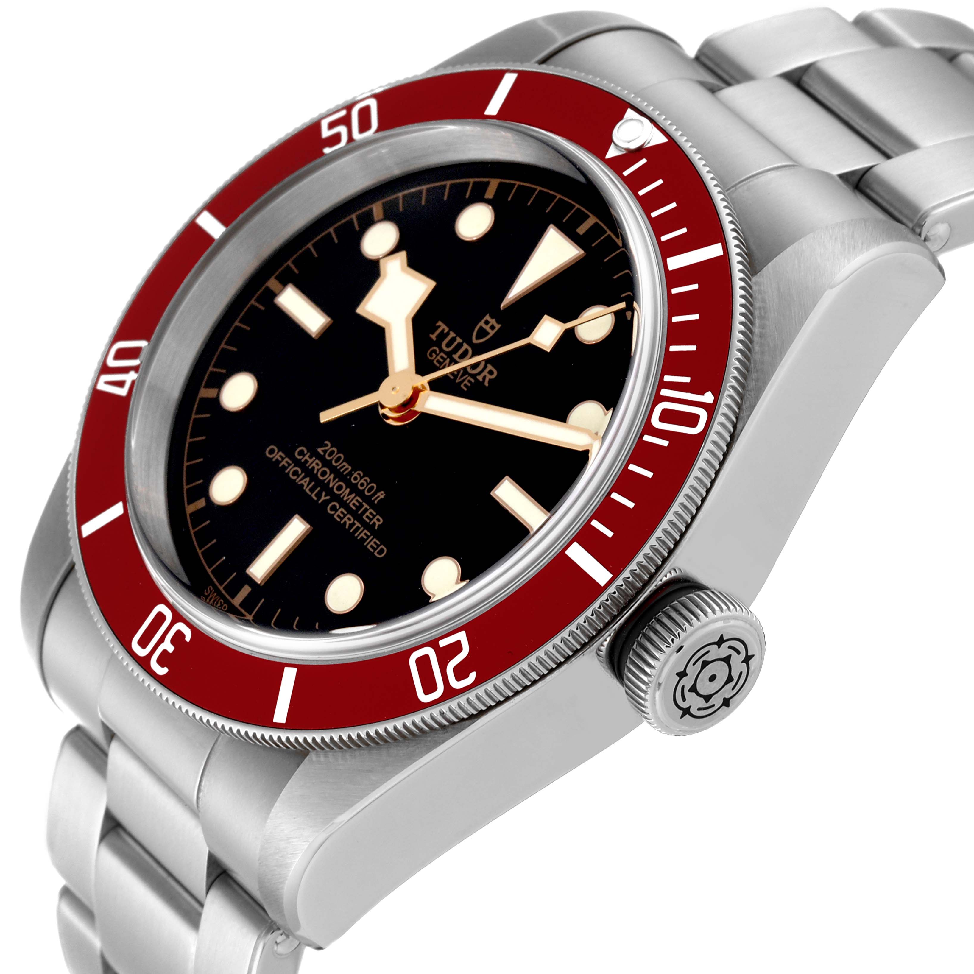 The Tudor Heritage Black Bay 79230R Men
s Stainless Steel Black Dial 79230R Men
s Stainless Steel Black Dial watch is shown at an angle highlighting the dial, bezel, crown, and part of the bracelet. 