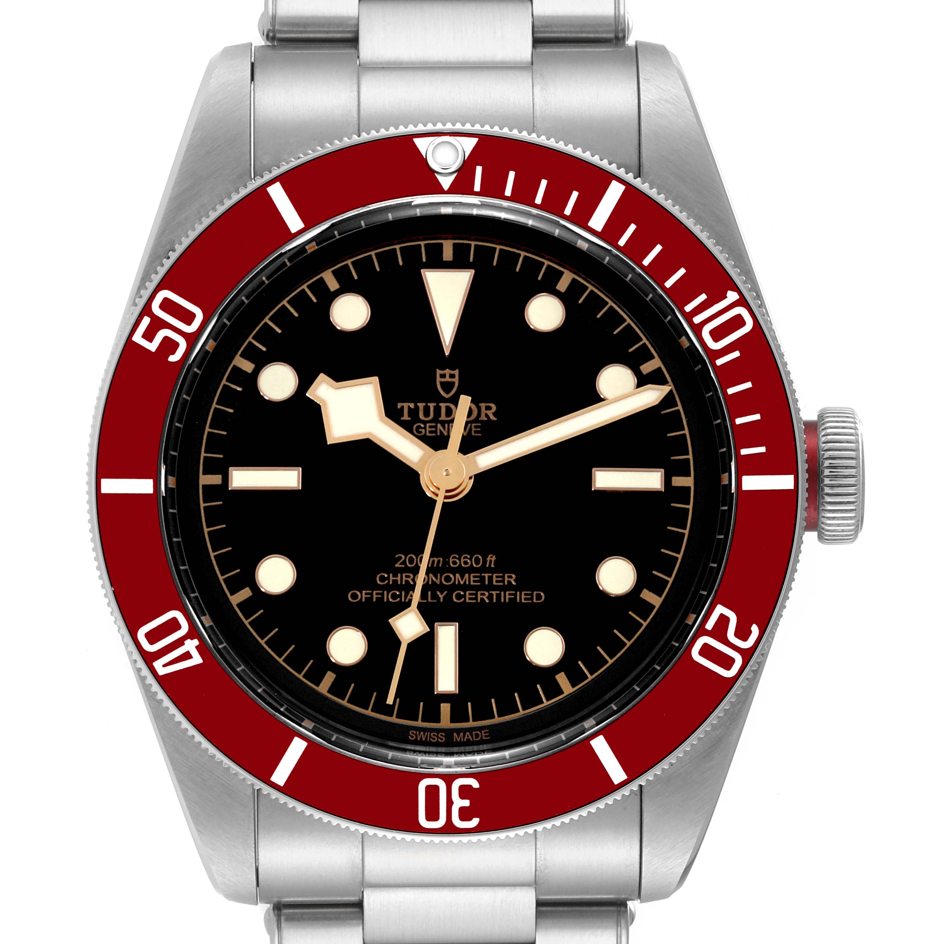 The image shows a close-up view of the Tudor Heritage Black Bay 79230R Men
s Stainless Steel Black Dial 79230R Men
s Stainless Steel Black Dial watch, focusing on the dial, bezel, and part of the bracelet.