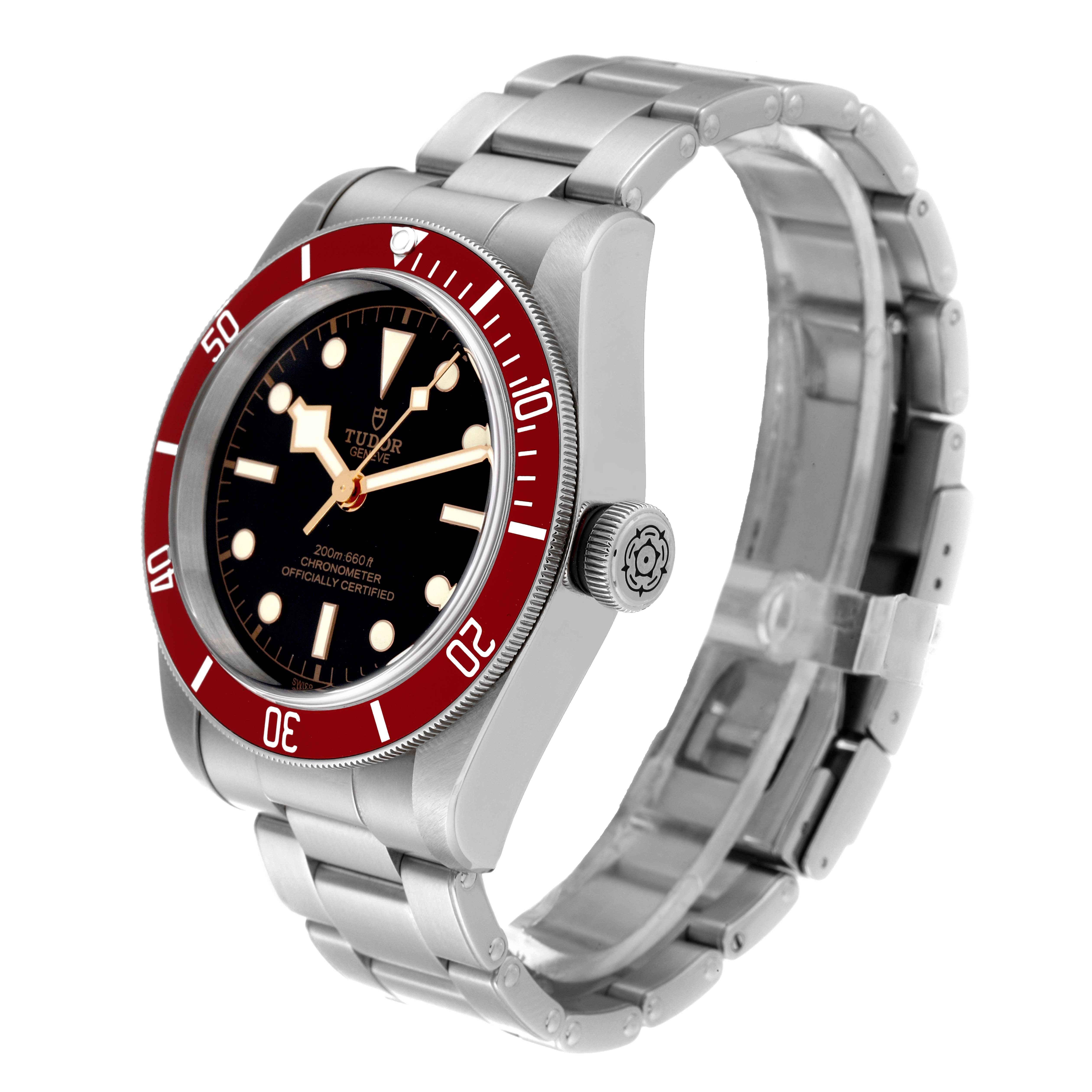 The image shows a side profile view of the Tudor Heritage Black Bay 79230R Men
s Stainless Steel Black Dial 79230R Men
s Stainless Steel Black Dial watch highlighting its dial, bezel, and bracelet.