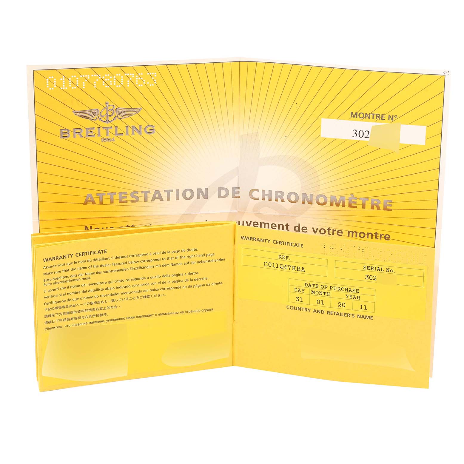 This image shows the warranty certificate and chronometer attestation for a Breitling Chronomat CB0110 Men's Steel and Gold (two tone) Brown Dial CB0110 Men's Steel and Gold (two tone) Brown Dial watch.