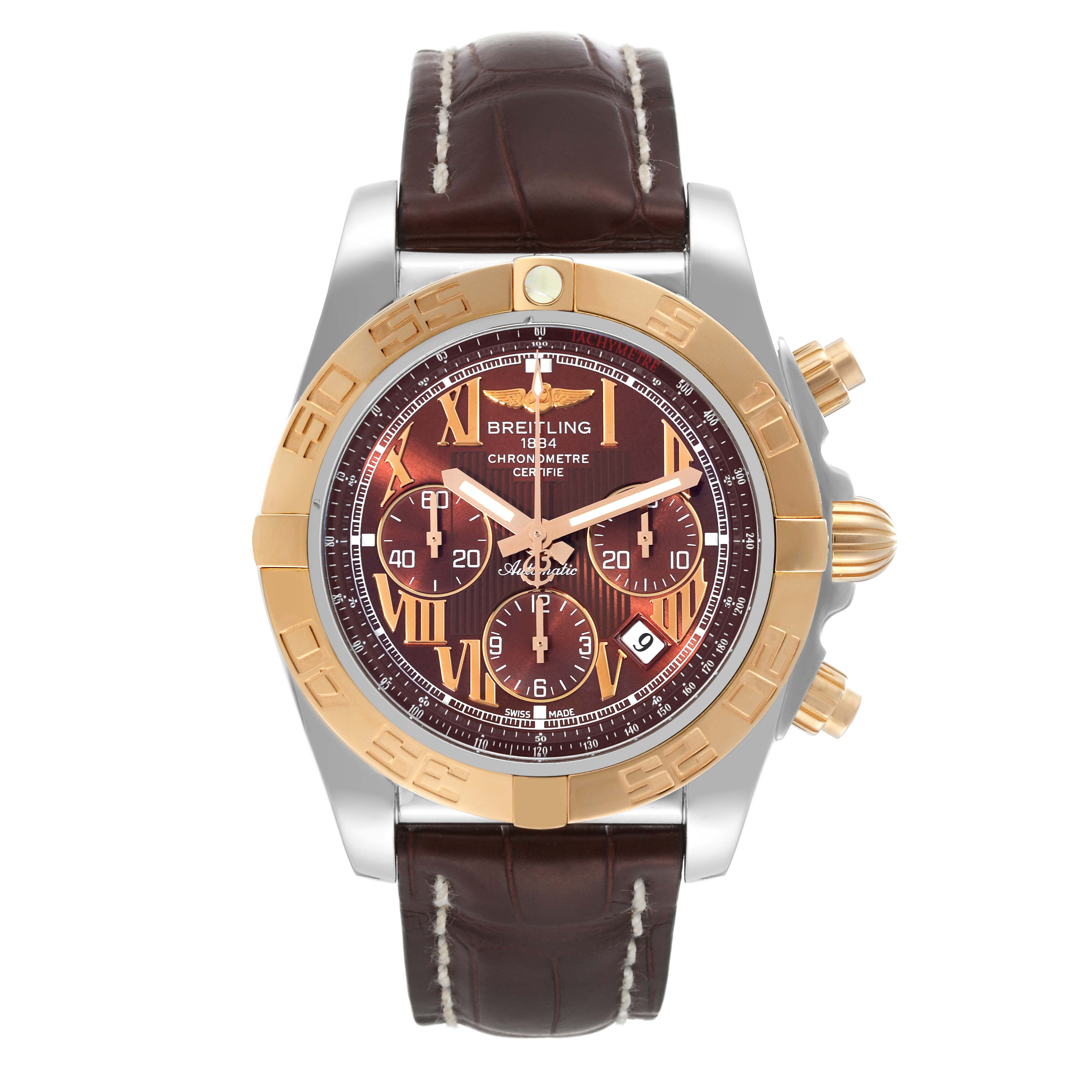 The image shows a front view of a Breitling Chronomat CB0110 Men's Steel and Gold (two tone) Brown Dial CB0110 Men's Steel and Gold (two tone) Brown Dial watch with a brown leather strap and gold accents.