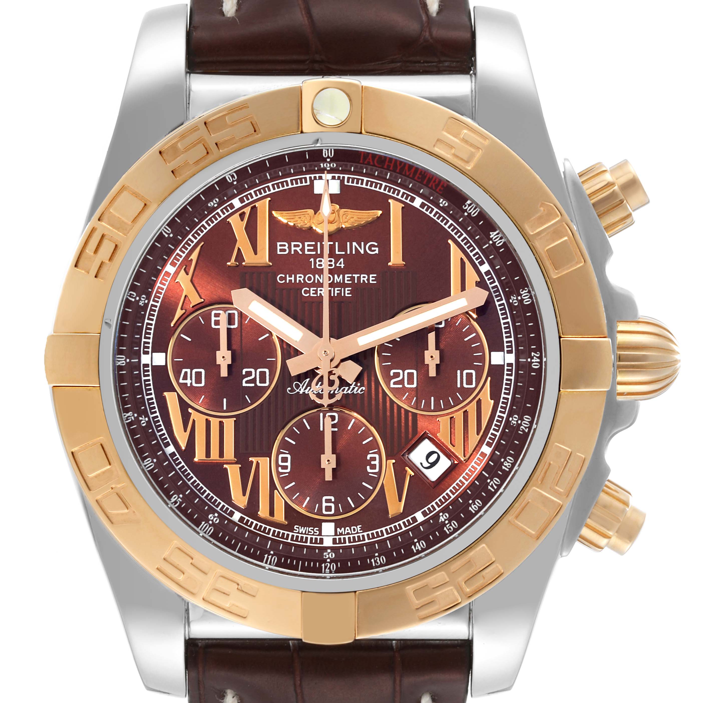 The image shows a front view of the Breitling Chronomat CB0110 Men's Steel and Gold (two tone) Brown Dial CB0110 Men's Steel and Gold (two tone) Brown Dial watch, highlighting the brown dial, gold bezel, and chronograph subdials.