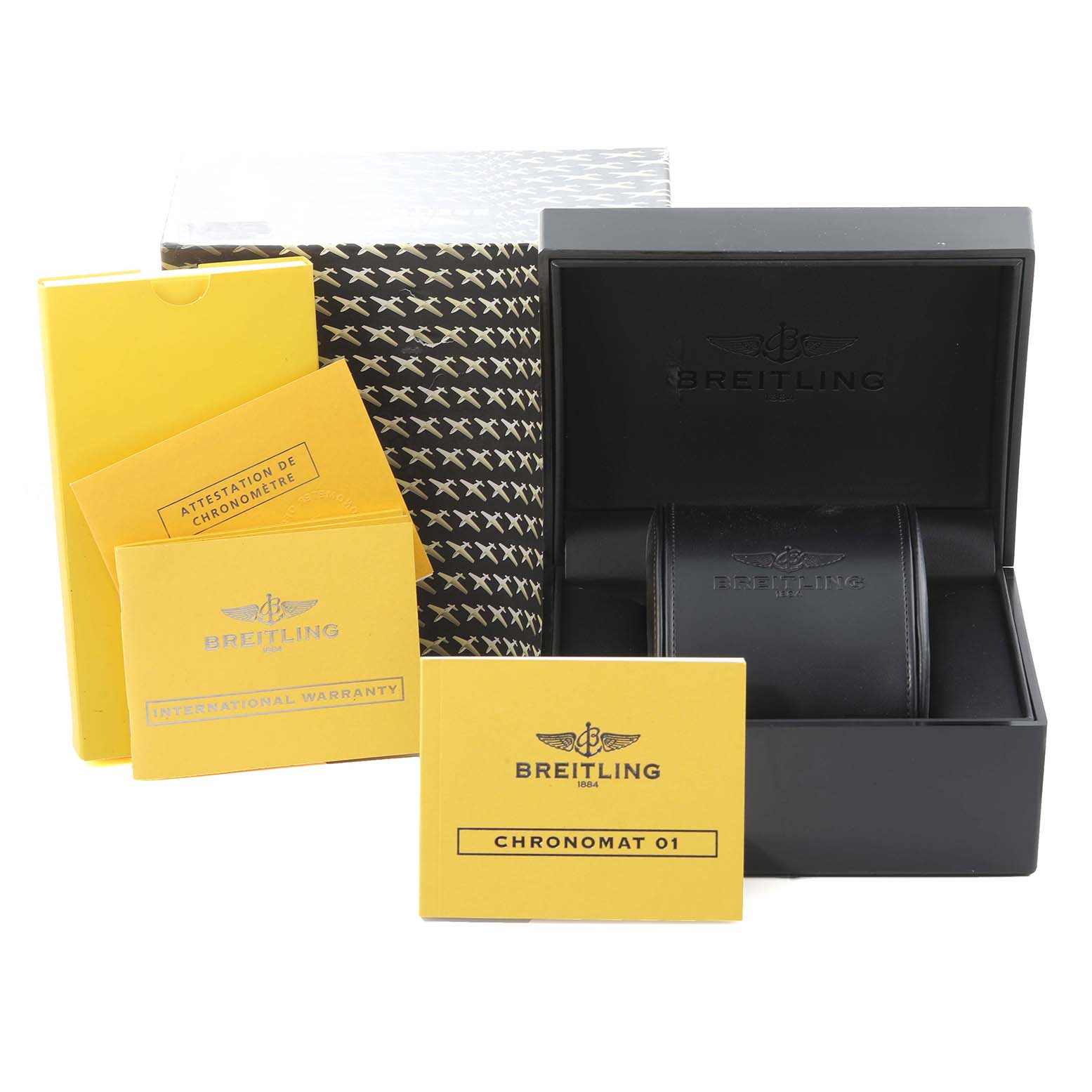 This image shows the Breitling Chronomat CB0110 Men's Steel and Gold (two tone) Brown Dial CB0110 Men's Steel and Gold (two tone) Brown Dial watch box, manuals, warranty card, and case from a front view.