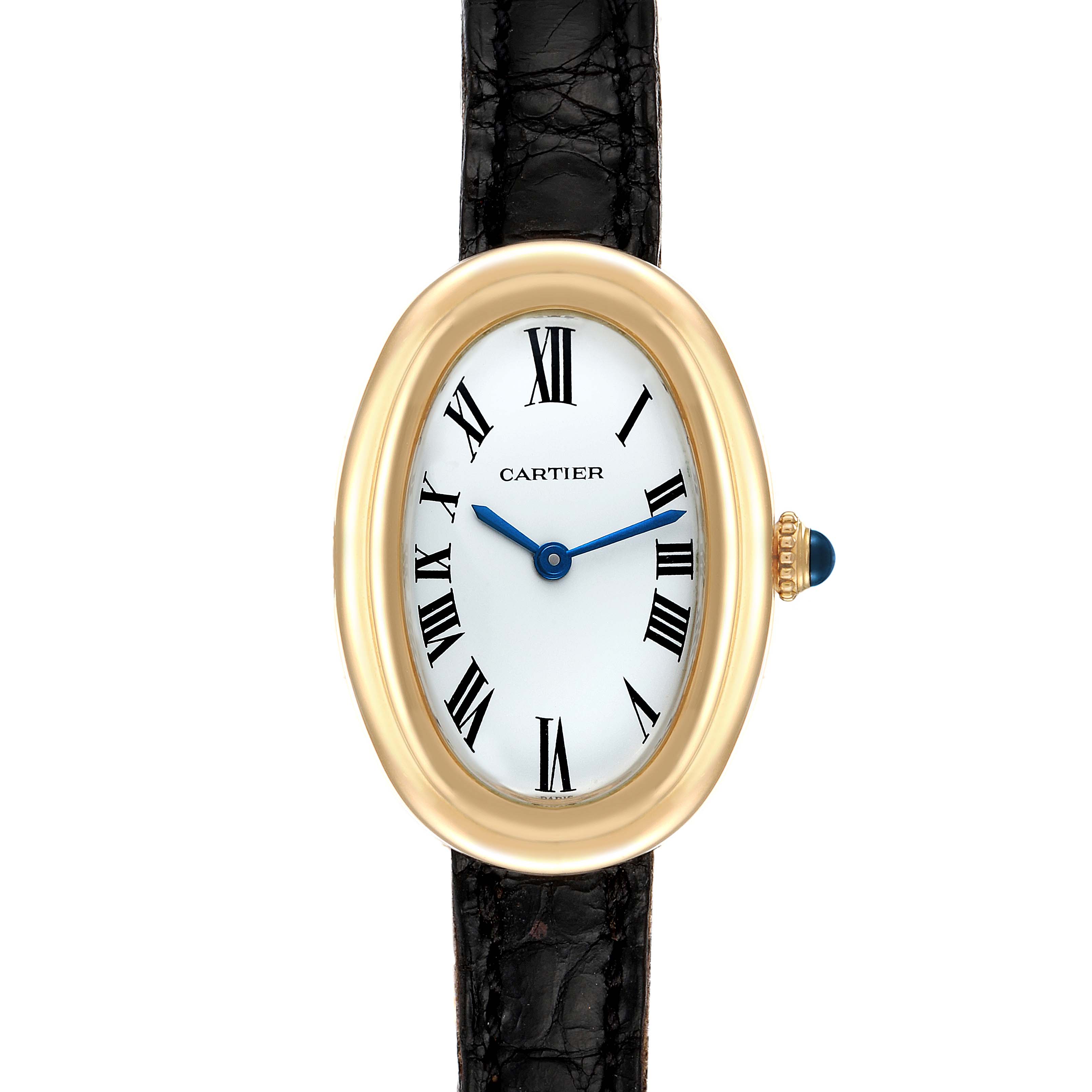 The image shows a front view of the Cartier Baignoire Women's Yellow Gold White Dial Women's Yellow Gold White Dial watch, featuring its oval face, Roman numerals, and black strap.