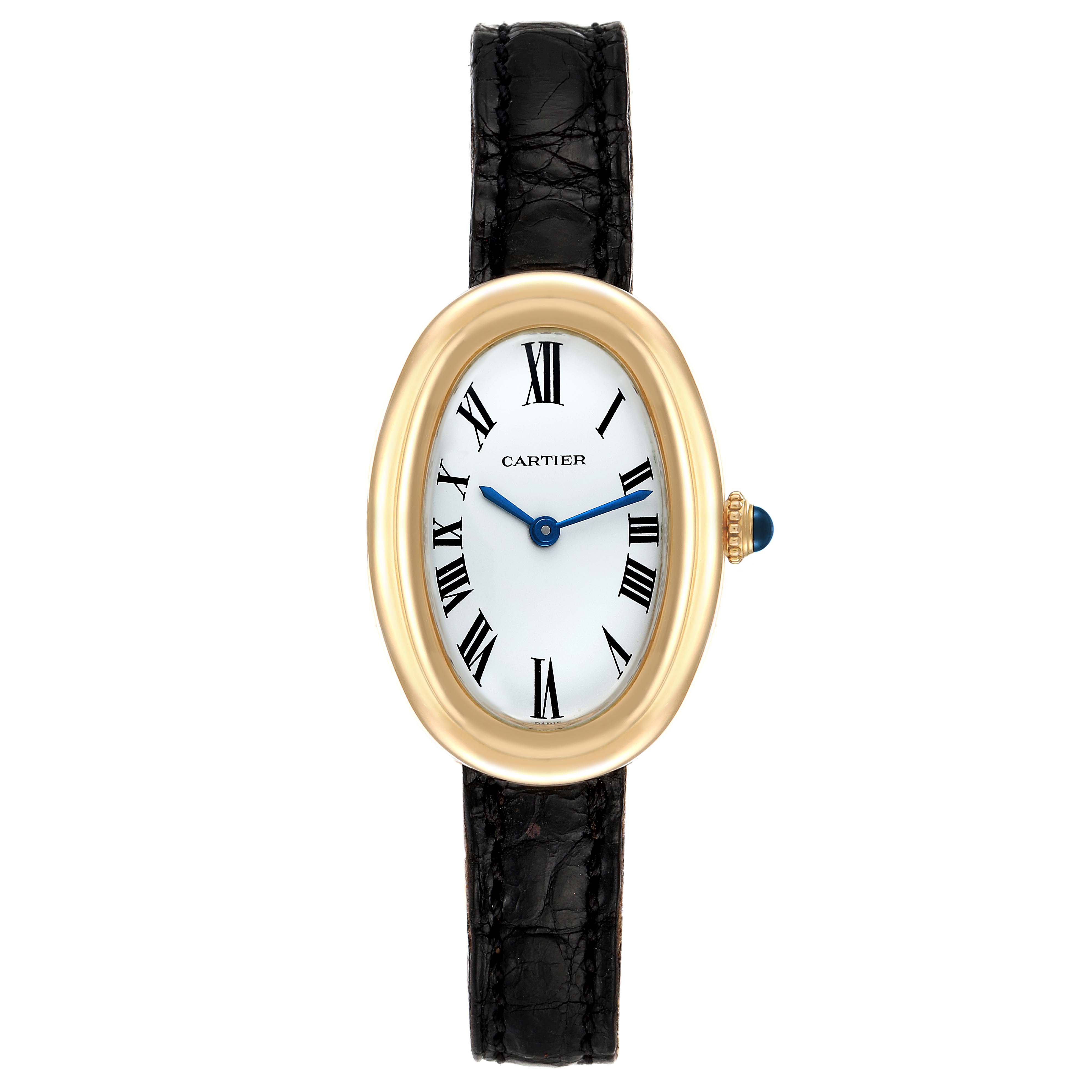 The image shows a front view of a Cartier Baignoire Women's Yellow Gold White Dial Women's Yellow Gold White Dial watch, highlighting its oval dial, Roman numerals, and leather strap.