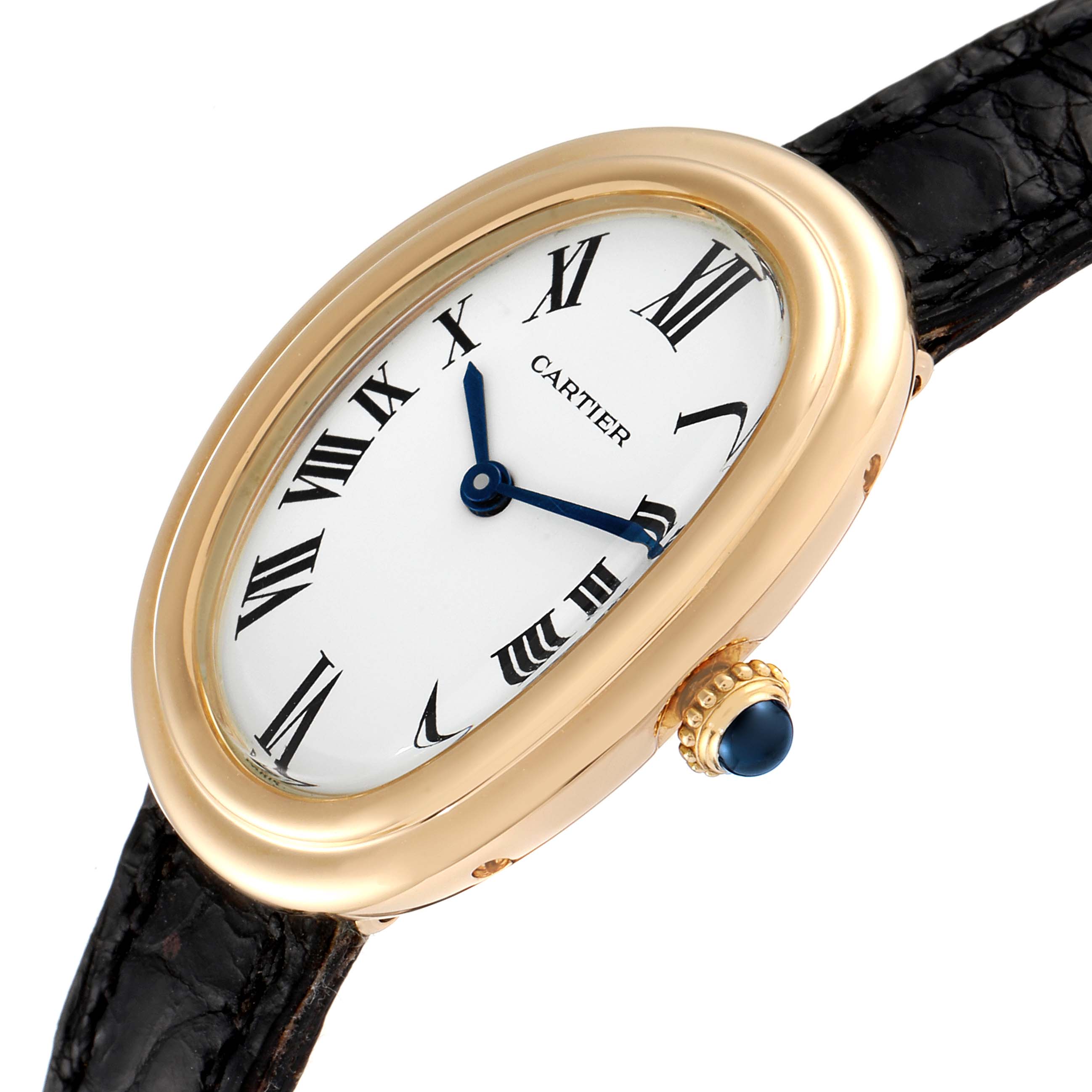 This Cartier Baignoire Women's Yellow Gold White Dial Women's Yellow Gold White Dial watch is shown at a slight angle highlighting the face, bezel, and black leather strap.