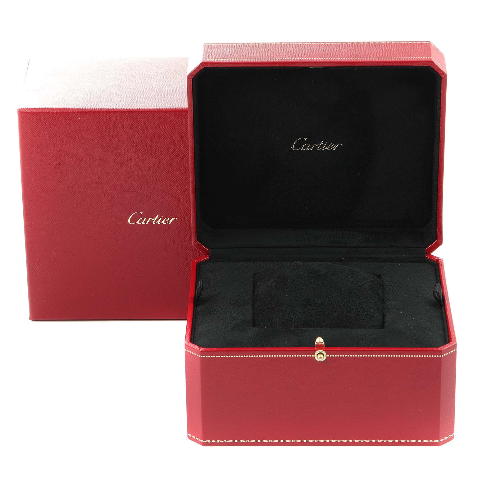 The image shows the open and closed presentation boxes for the Calibre de Cartier model by Cartier.