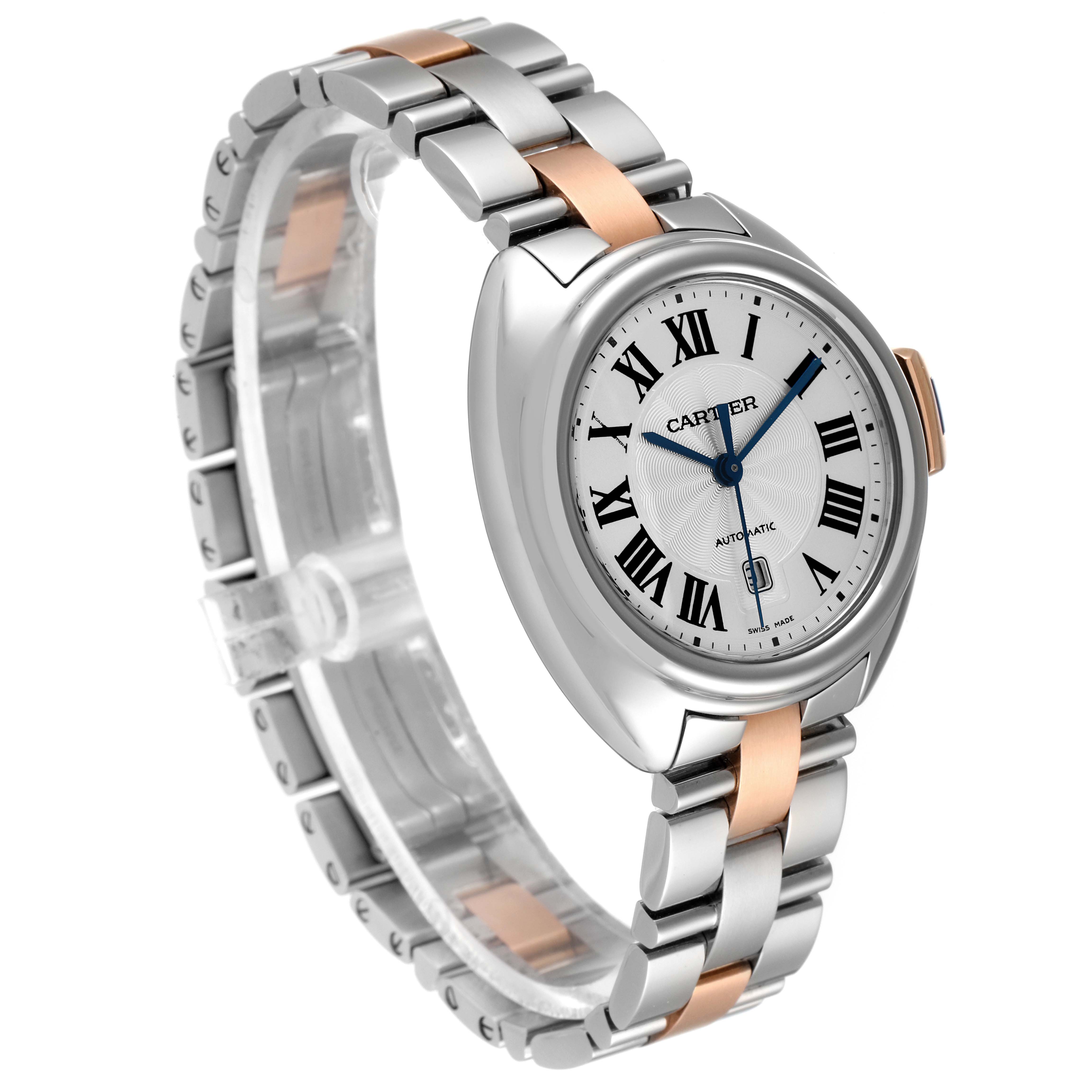 The Cartier Clé watch is shown at a slight angle displaying its face, bezel, and band.